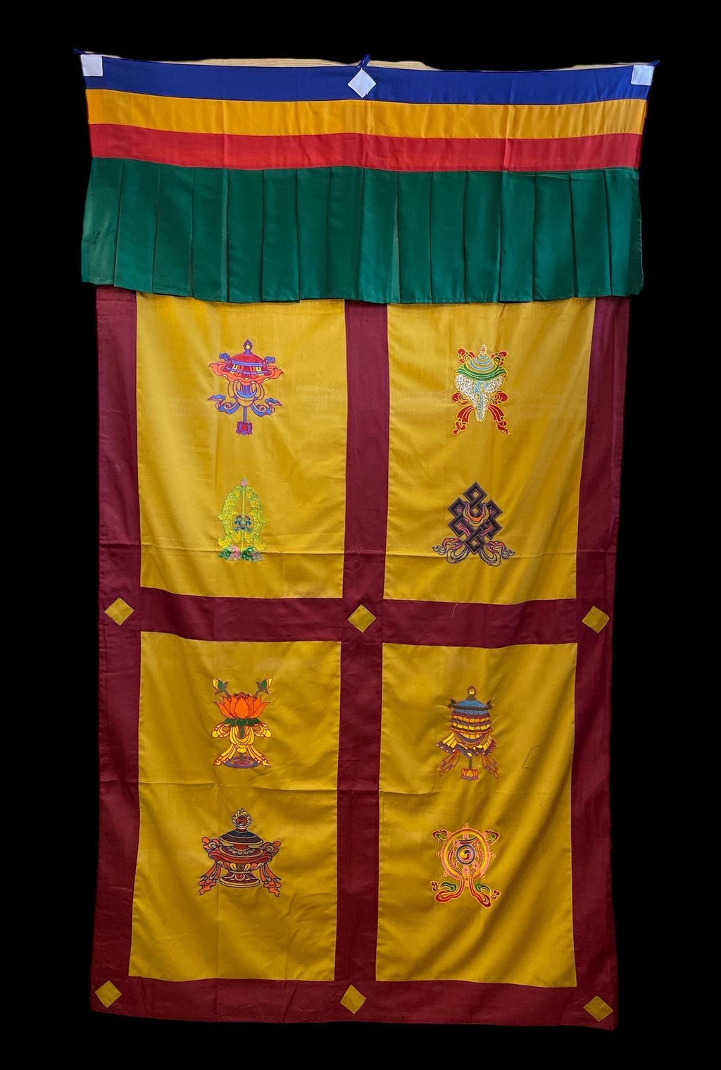 Embroidered Tibetan Door Curtain: 8 Auspicious Symbols, 42x72 Inches