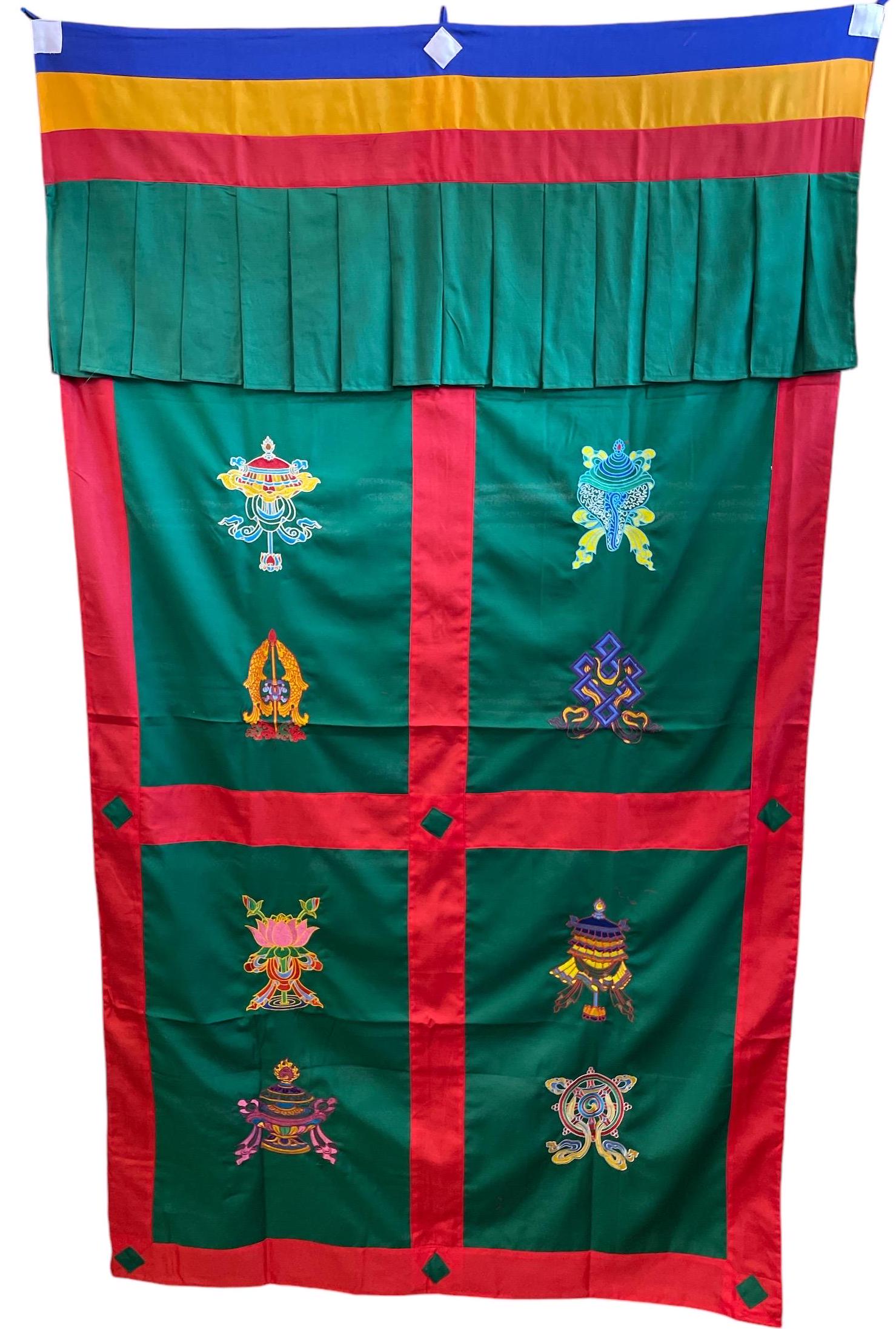 Embroidered Tibetan Door Curtain: 8 Auspicious Symbols, 42x72 Inches