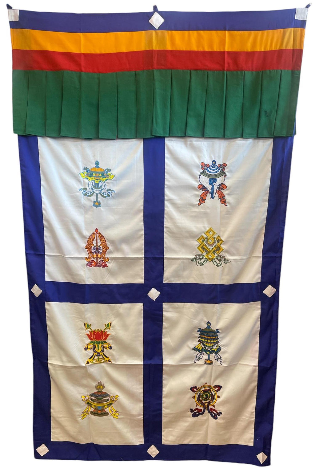 Embroidered Tibetan Door Curtain: 8 Auspicious Symbols, 42x72 Inches