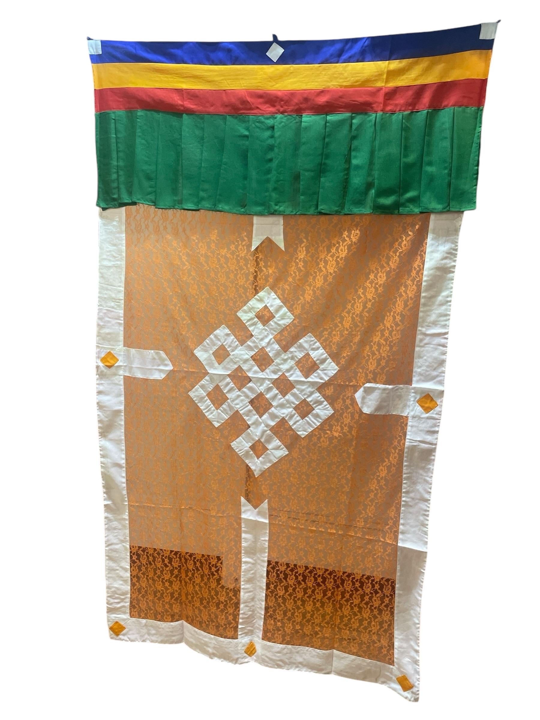 Tibetan Door Curtain: Auspicious Eternal Knot Silk Flag (3x6 ft)