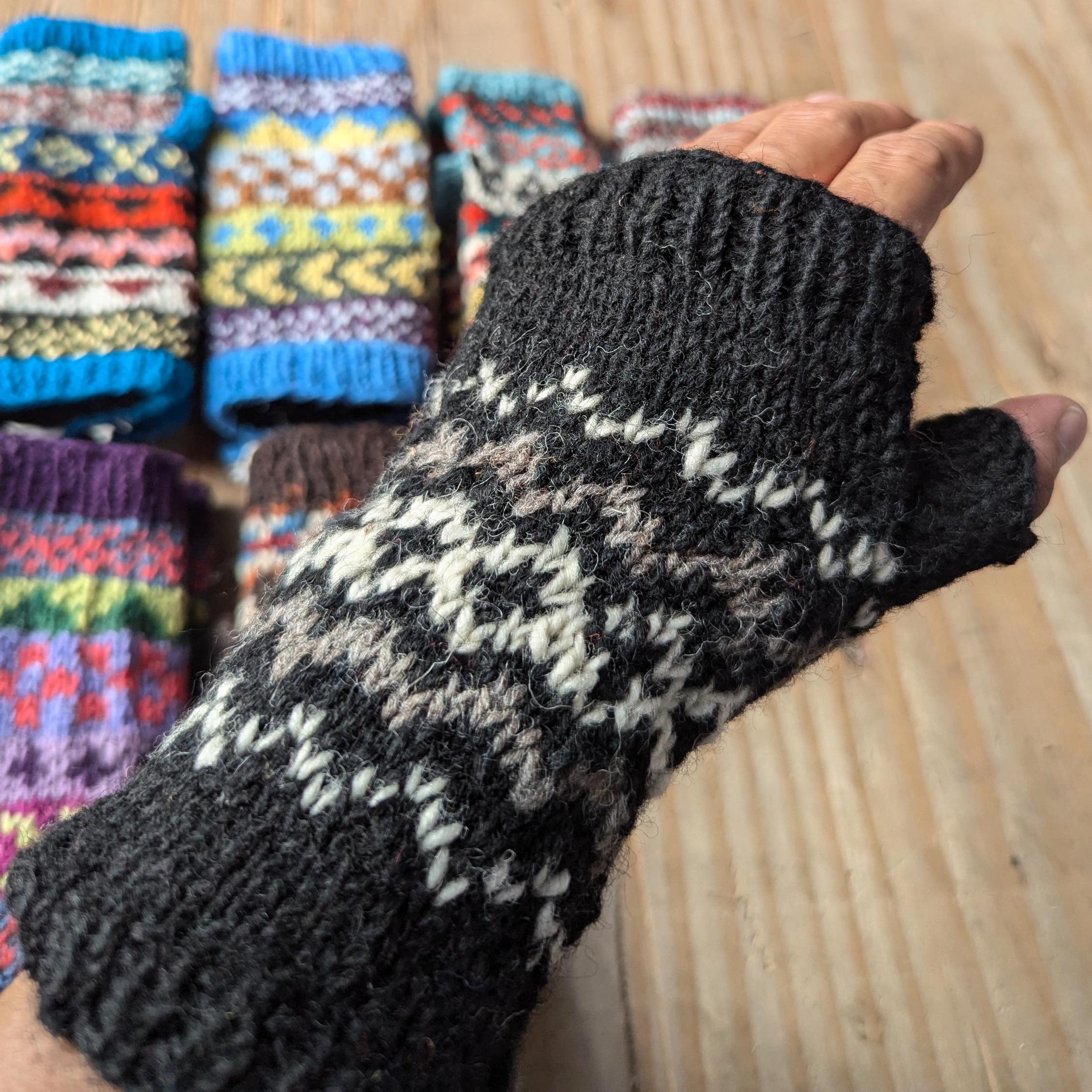 Handmade woolen knit fleece-lined multi color fingerless gloves