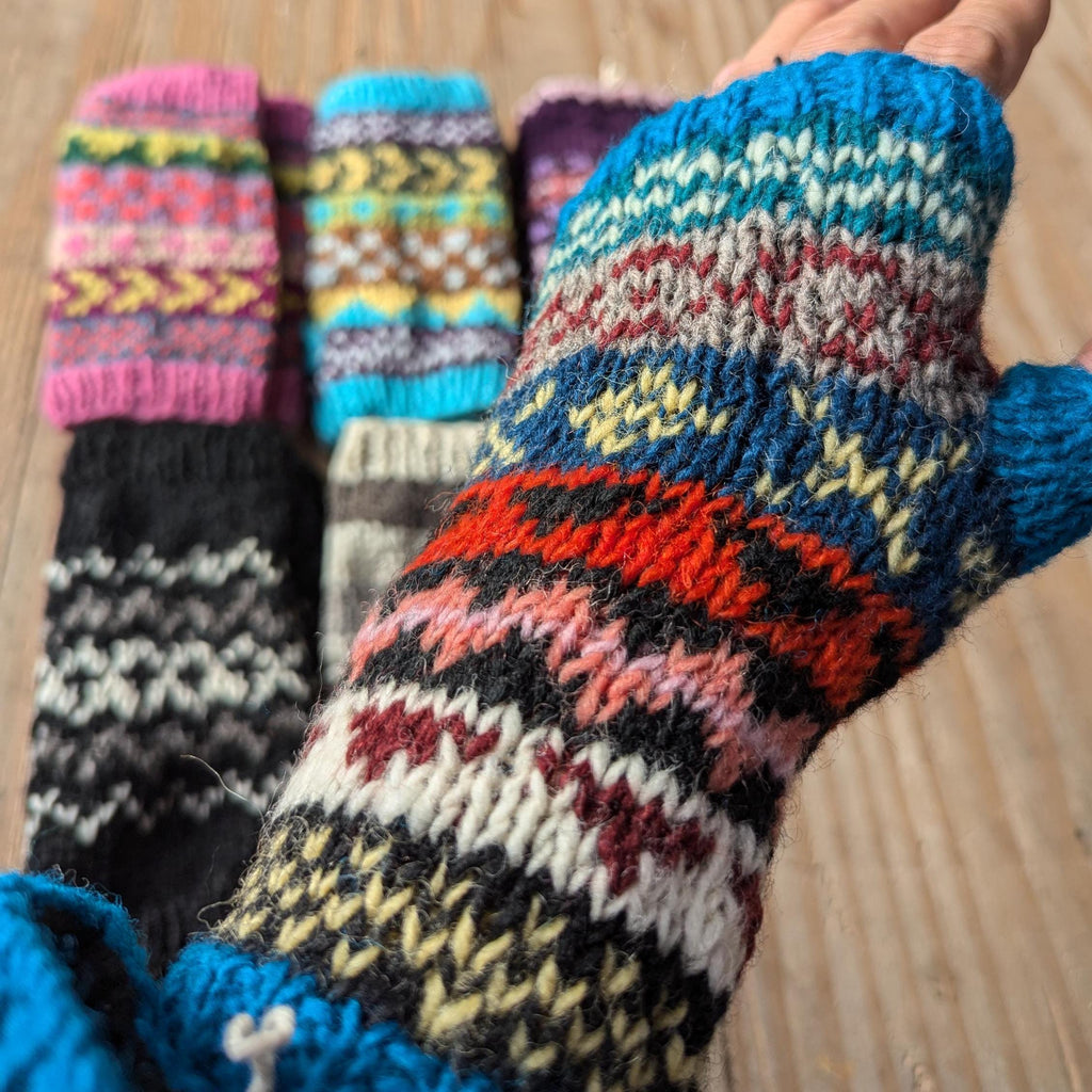 Handmade woolen knit fleece-lined multi color fingerless gloves