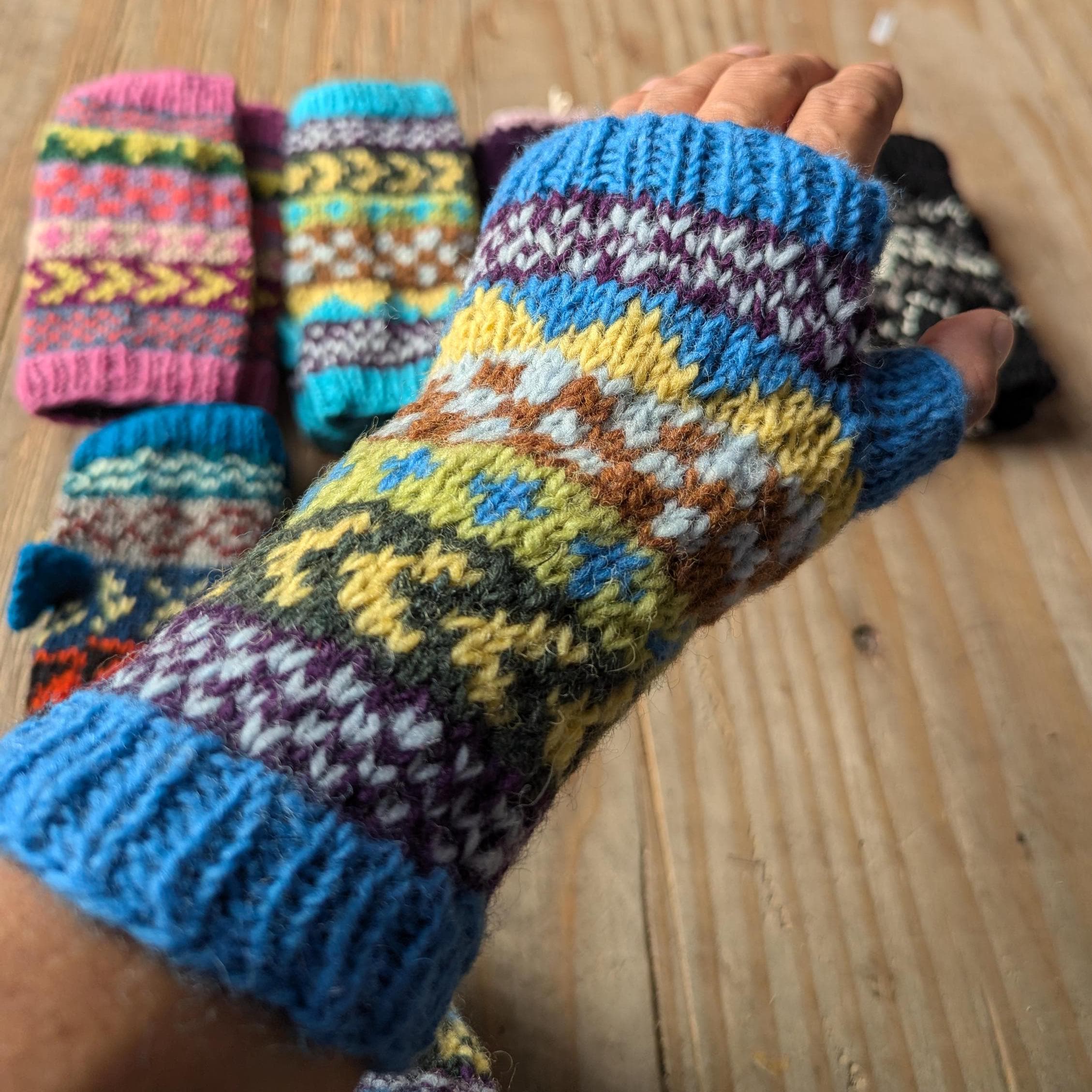 Handmade woolen knit fleece-lined multi color fingerless gloves