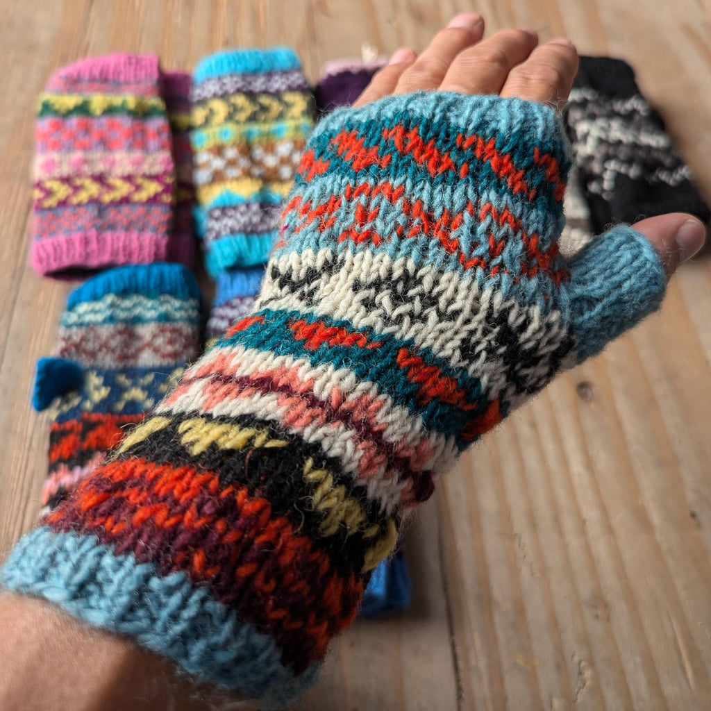 Handmade woolen knit fleece-lined multi color fingerless gloves