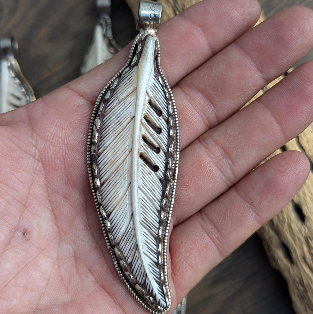 Hand Carved Buffalo Bone Eagle Pendant: Tibetan Silver Boho Jewelry PE 103