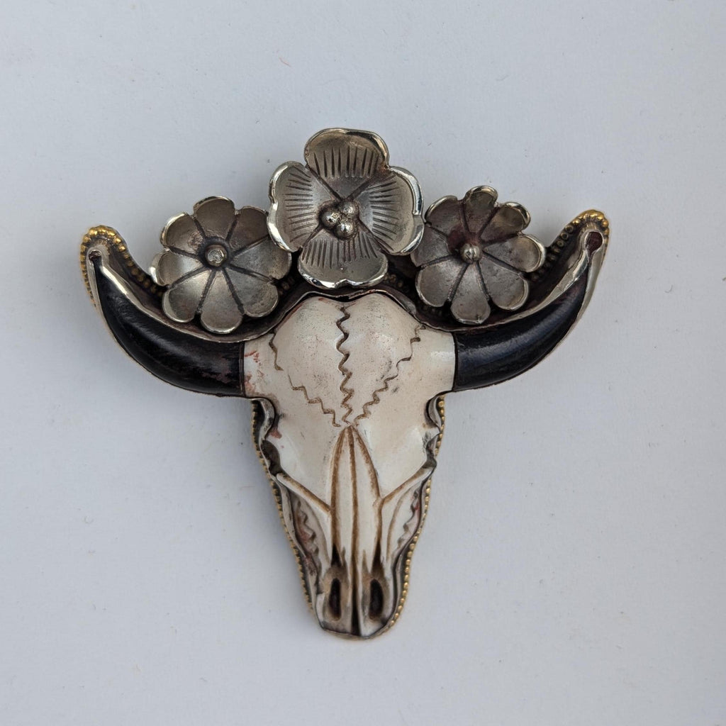 Hand-Carved Buffalo Bone Skull Pendant: Tibetan Silver Floral Bull Head PE104