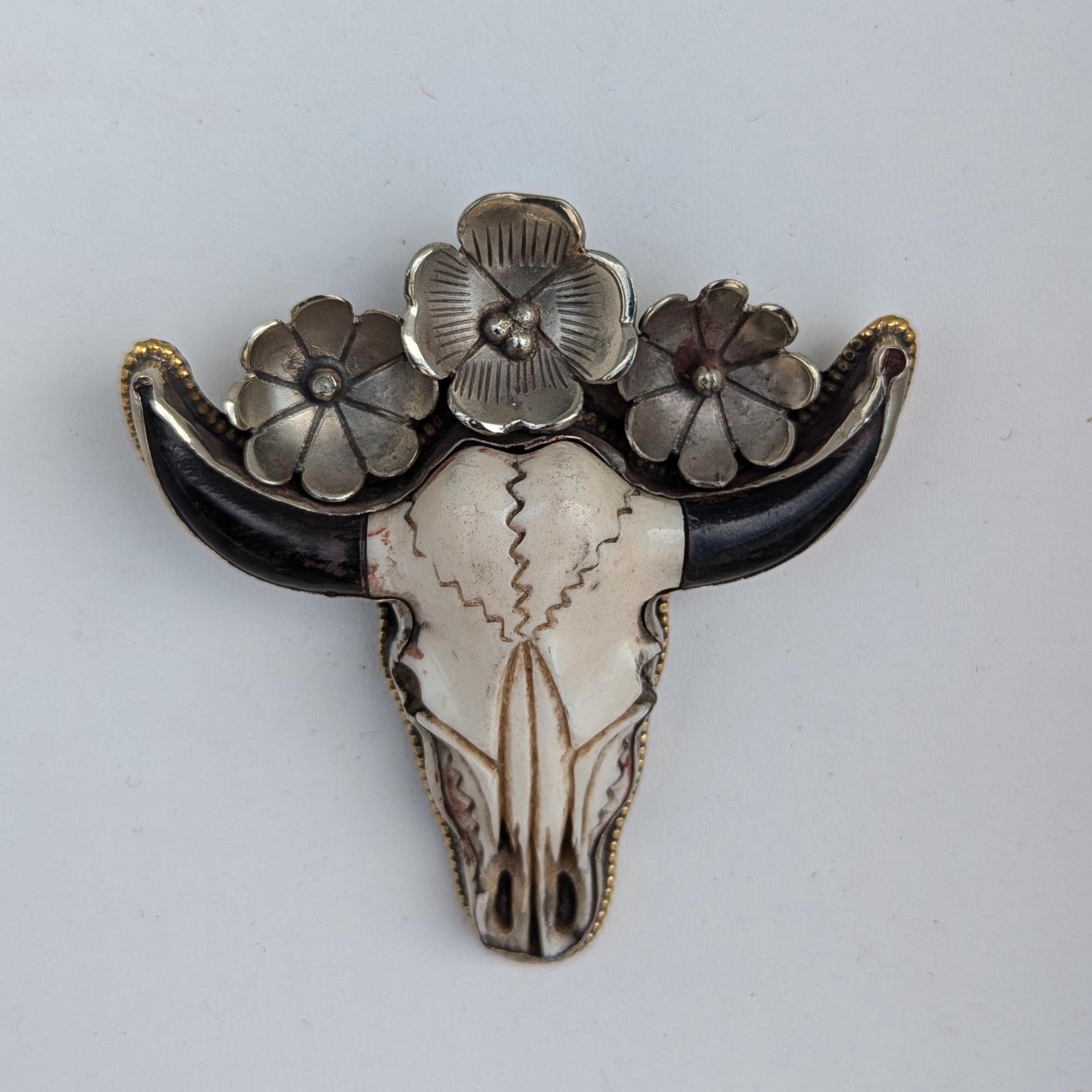 Hand-Carved Buffalo Bone Skull Pendant: Tibetan Silver Floral Bull Head PE104