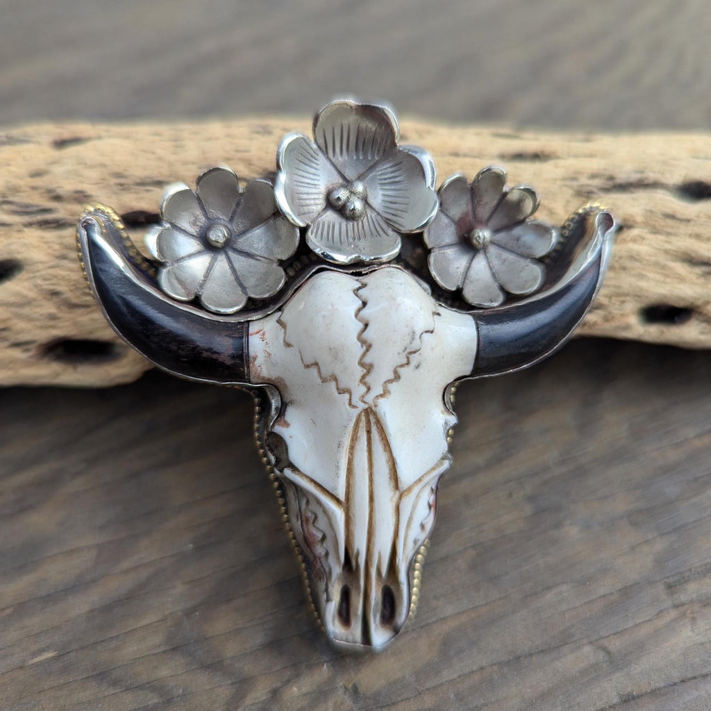 Hand-Carved Buffalo Bone Skull Pendant: Tibetan Silver Floral Bull Head PE104