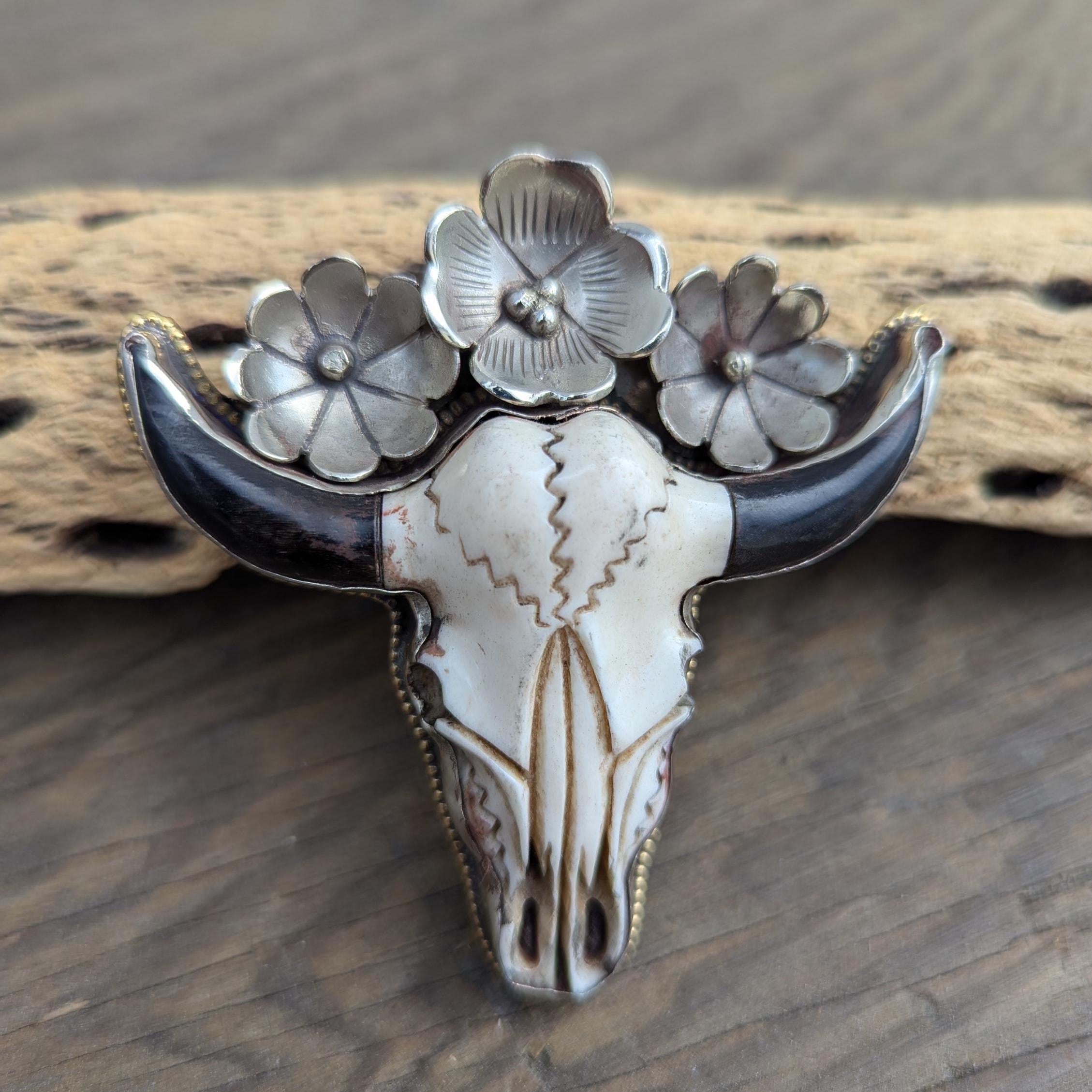 Hand-Carved Buffalo Bone Skull Pendant: Tibetan Silver Floral Bull Head PE104
