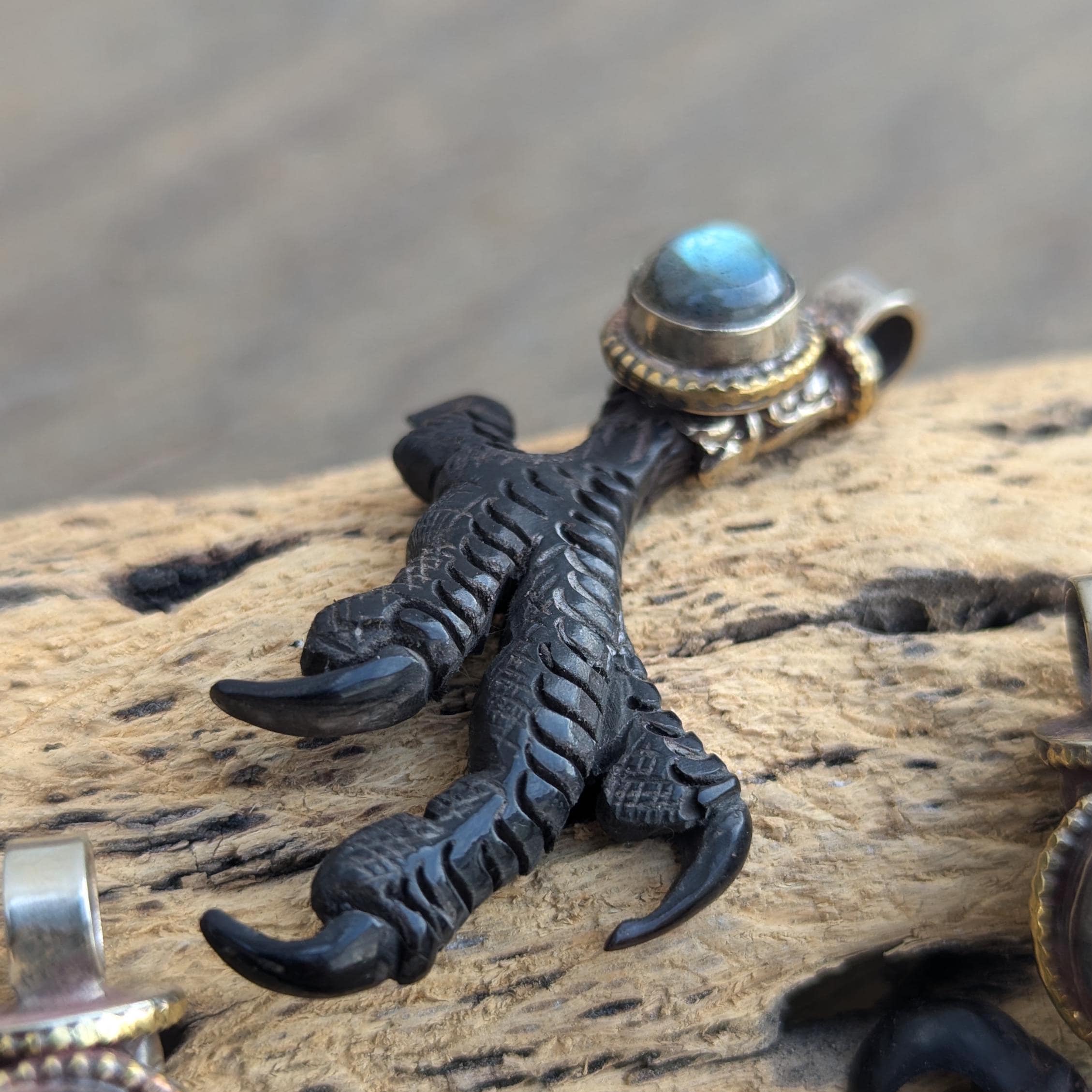 Labradorite Eagle Claw Pendant: Tibetan Silver Statement Jewelry PE 105