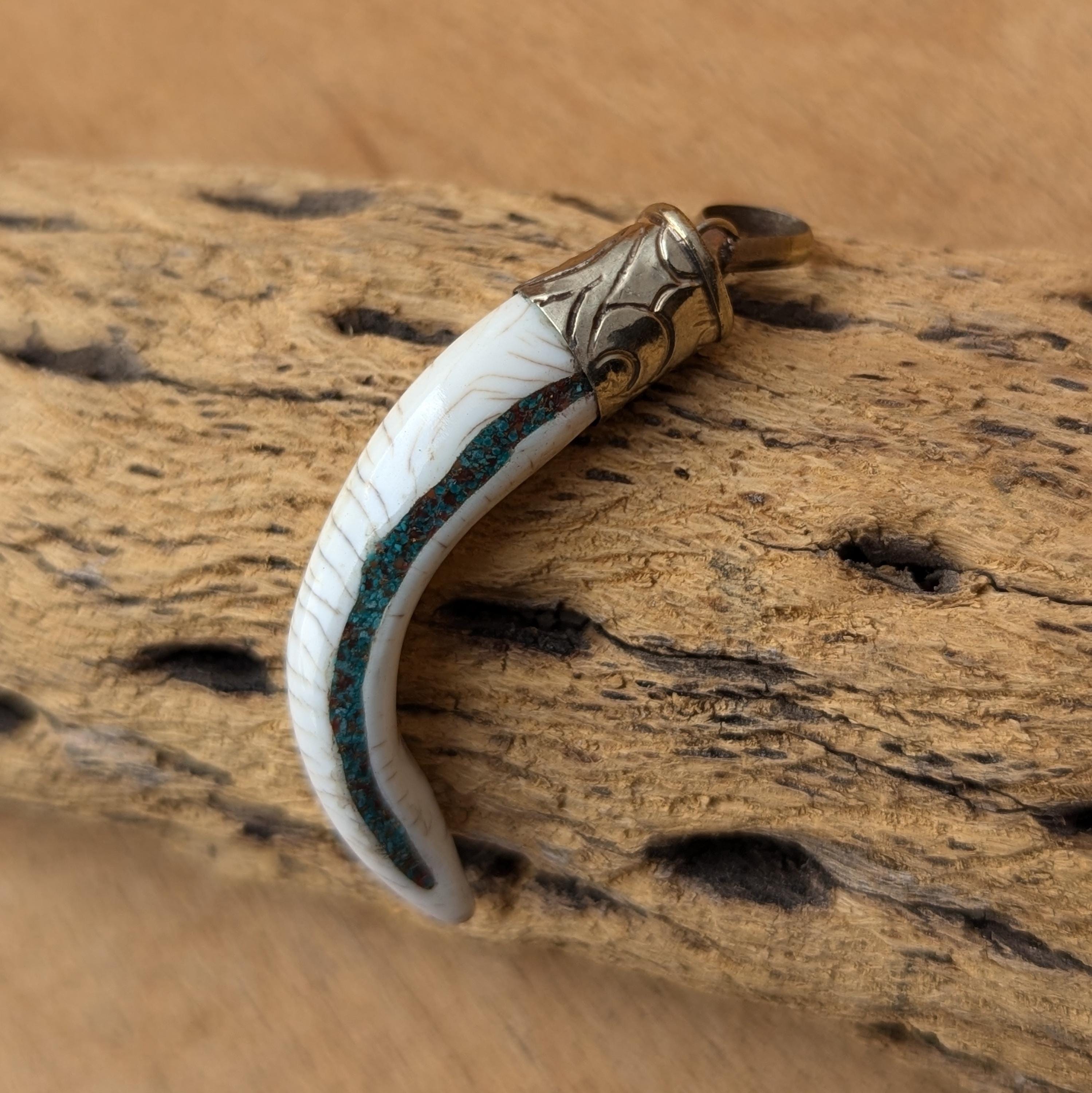 Hand-Carved Conch Shell Pendant: Tibetan Silver Turquoise Inlay PE 108