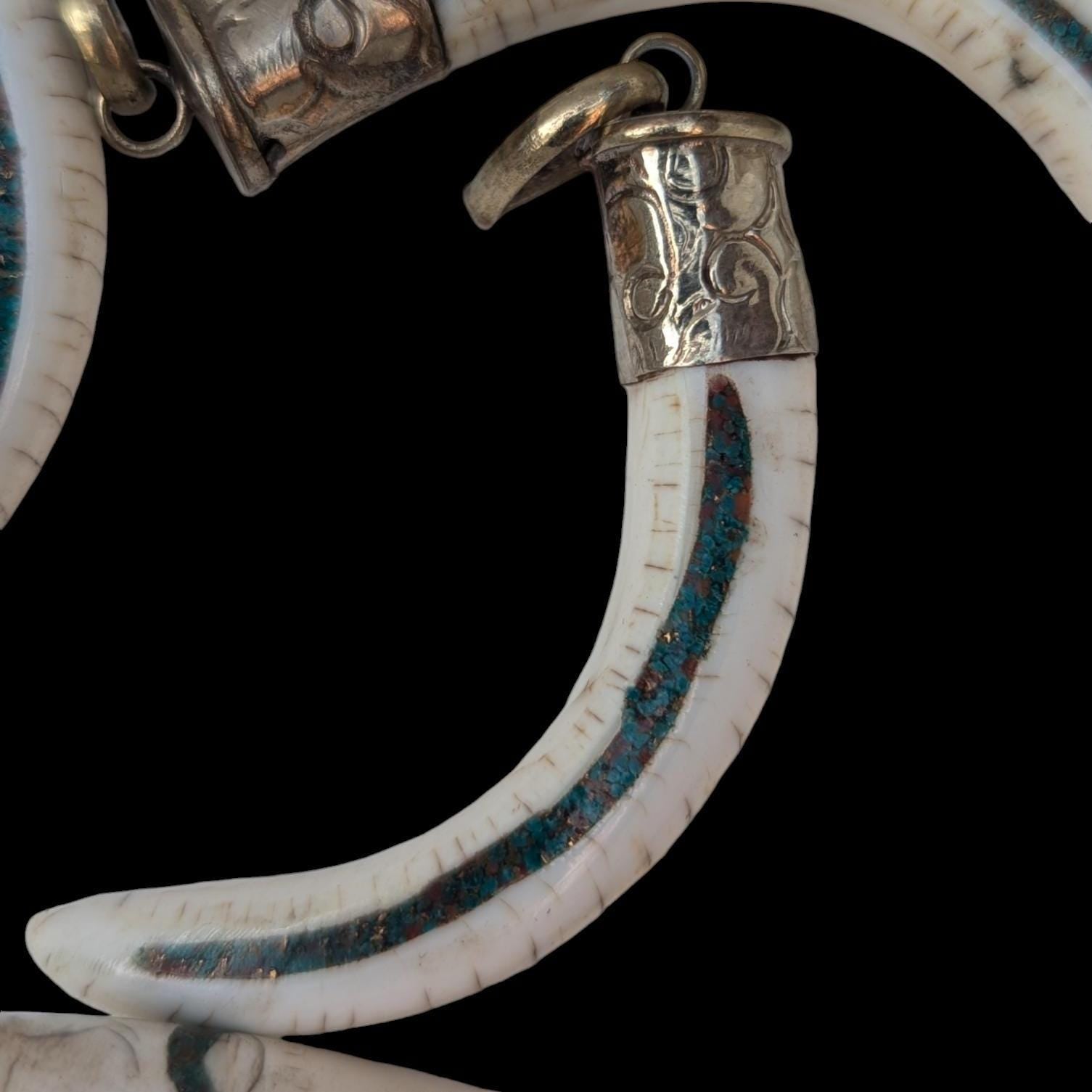 Hand-Carved Conch Shell Pendant: Tibetan Silver Turquoise Inlay PE 108