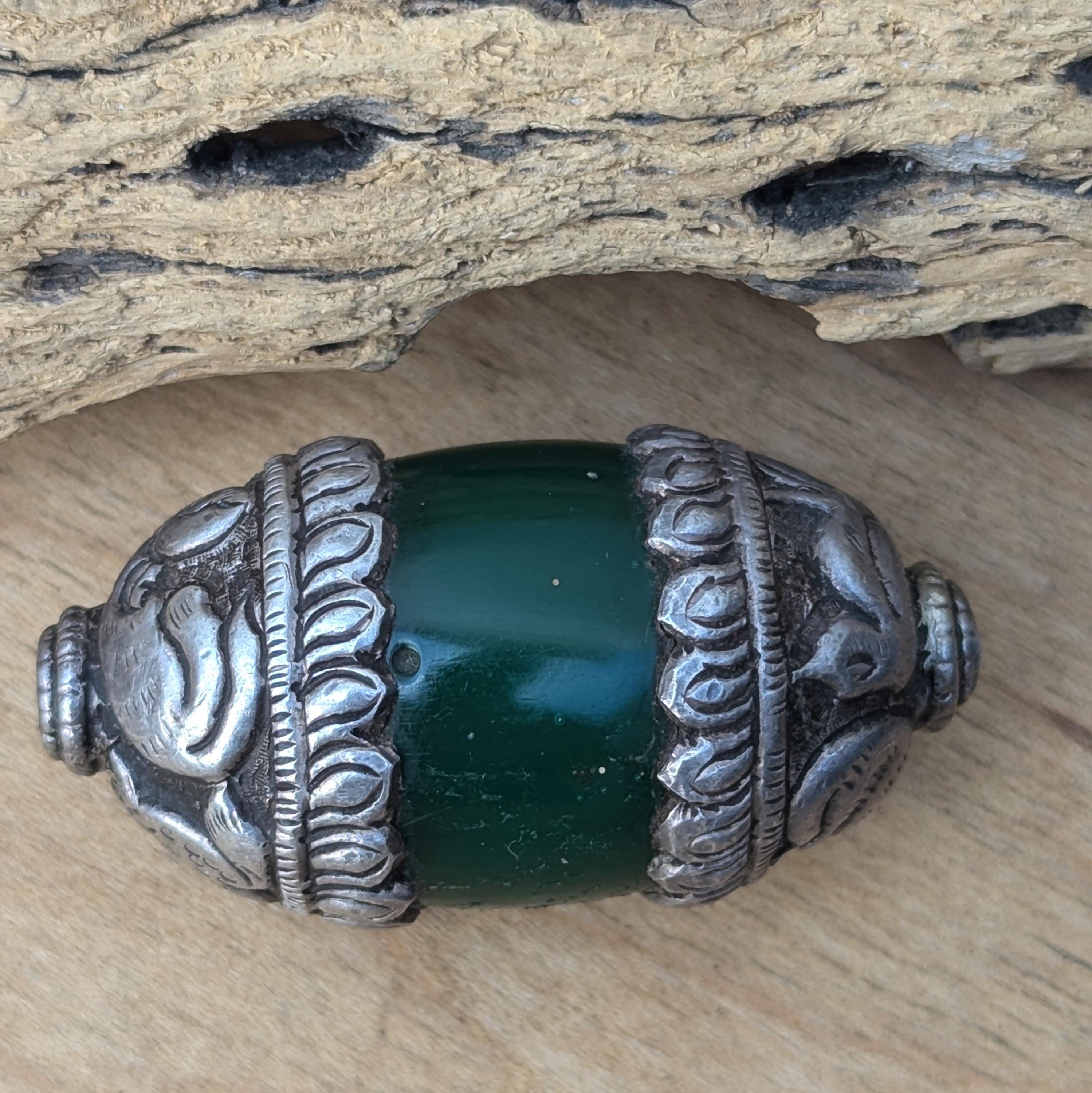 Antique Tibetan Green Glass Bead with Silver Cap