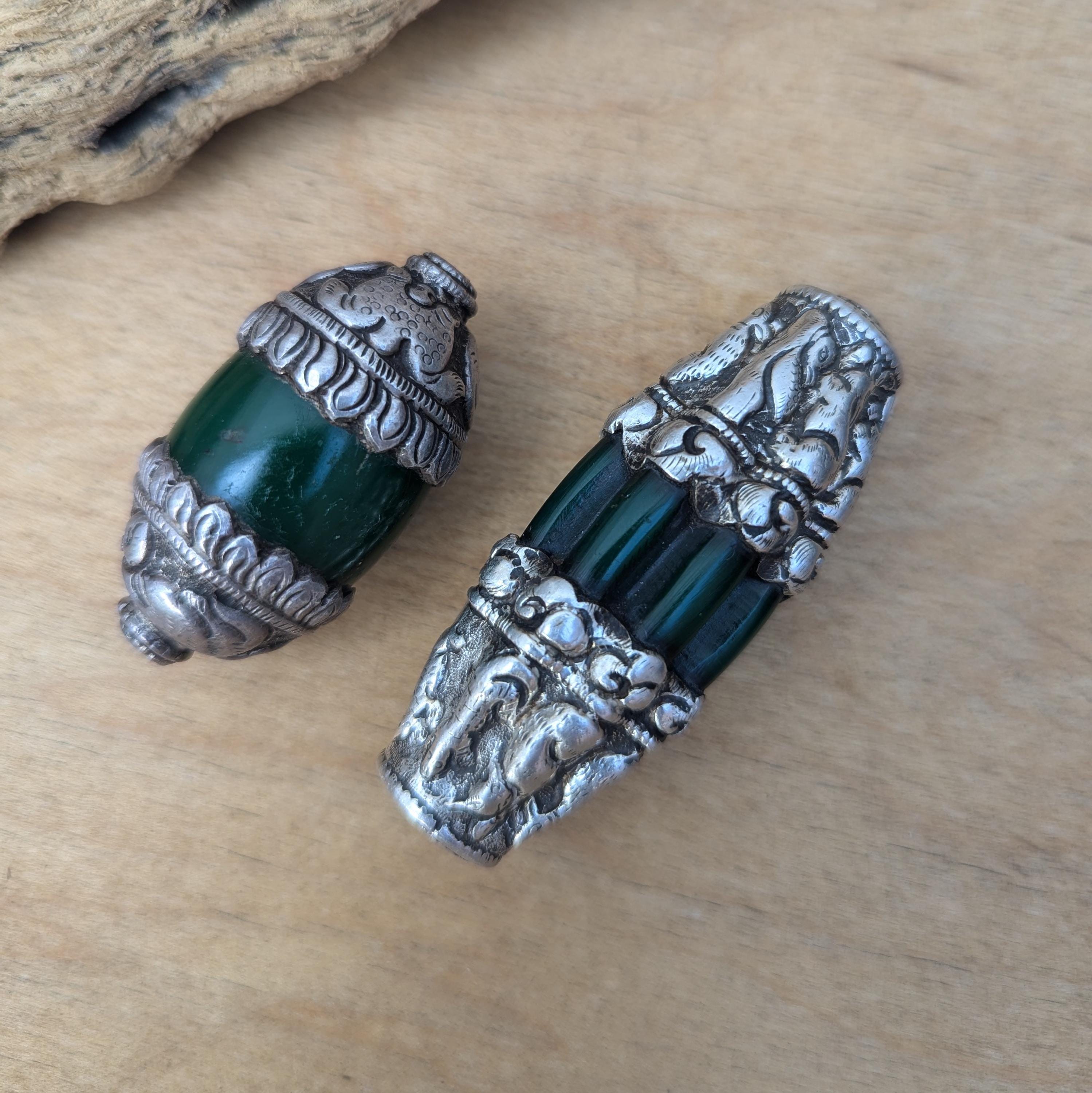 Antique Tibetan Green Glass Bead with Silver Cap