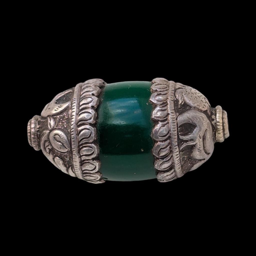 Antique Tibetan Green Glass Bead with Silver Cap