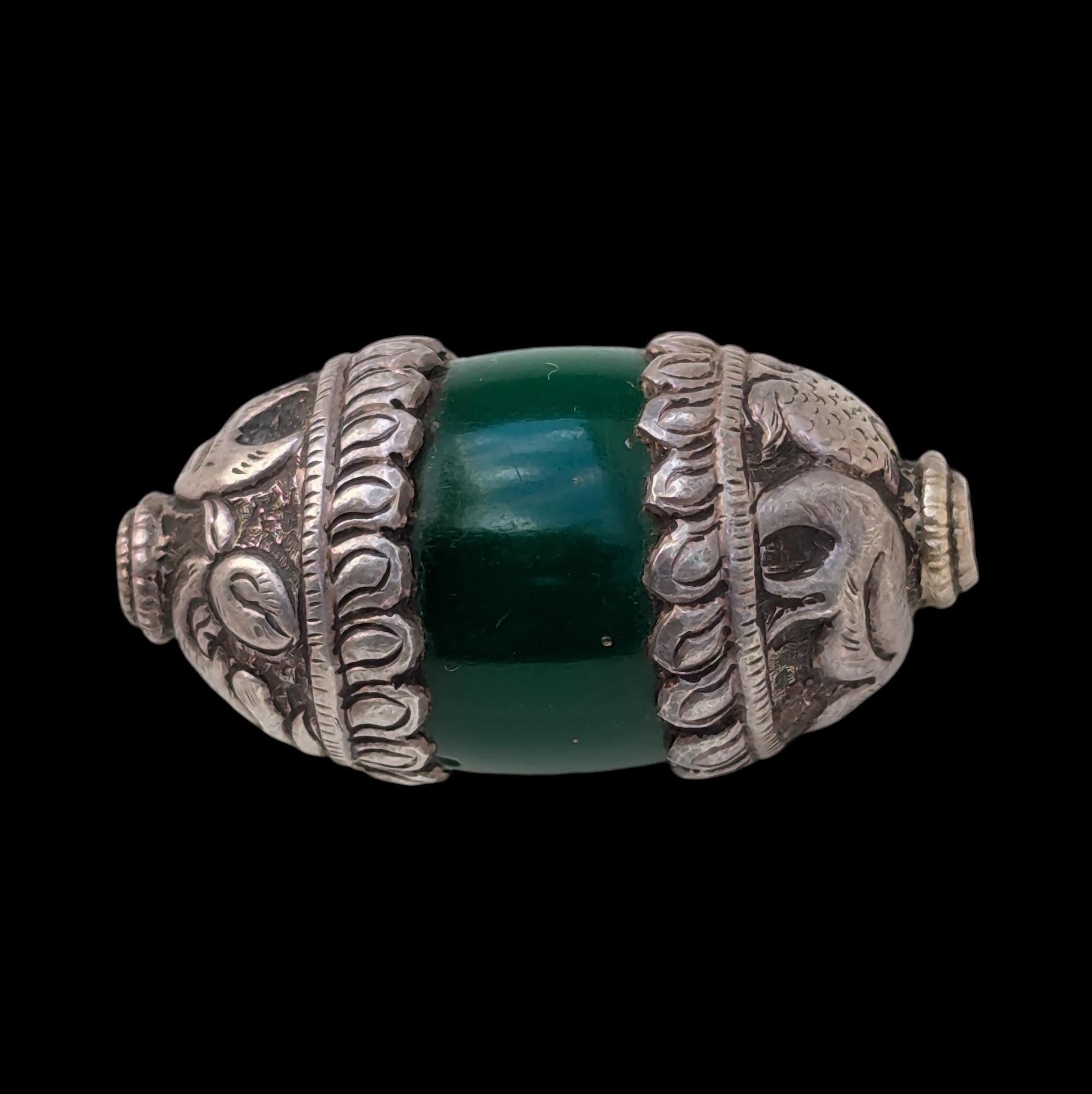 Antique Tibetan Green Glass Bead with Silver Cap