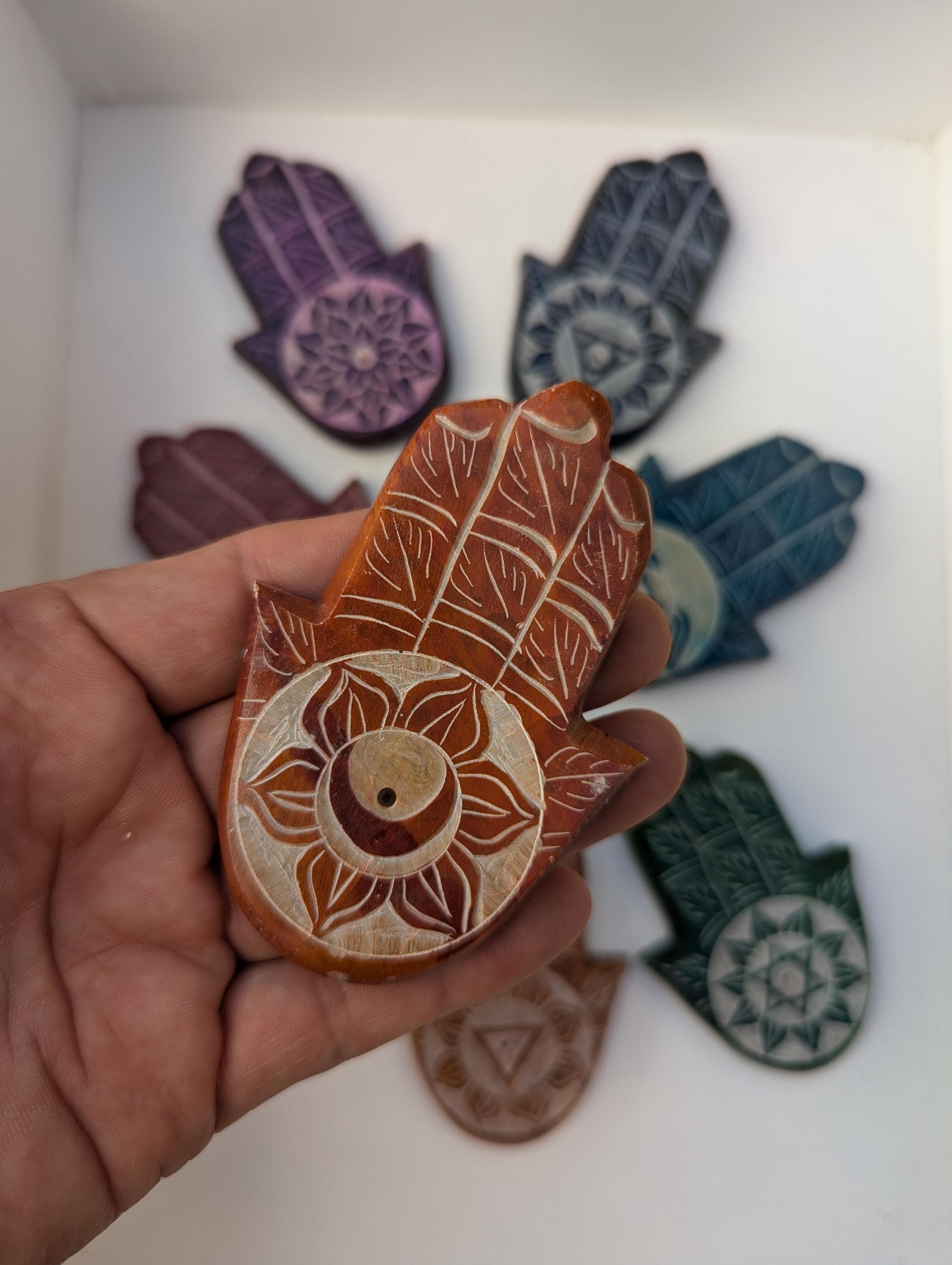 Chakra Hamsa Soapstone Incense Holder: Hand-Carved Protective Coaster