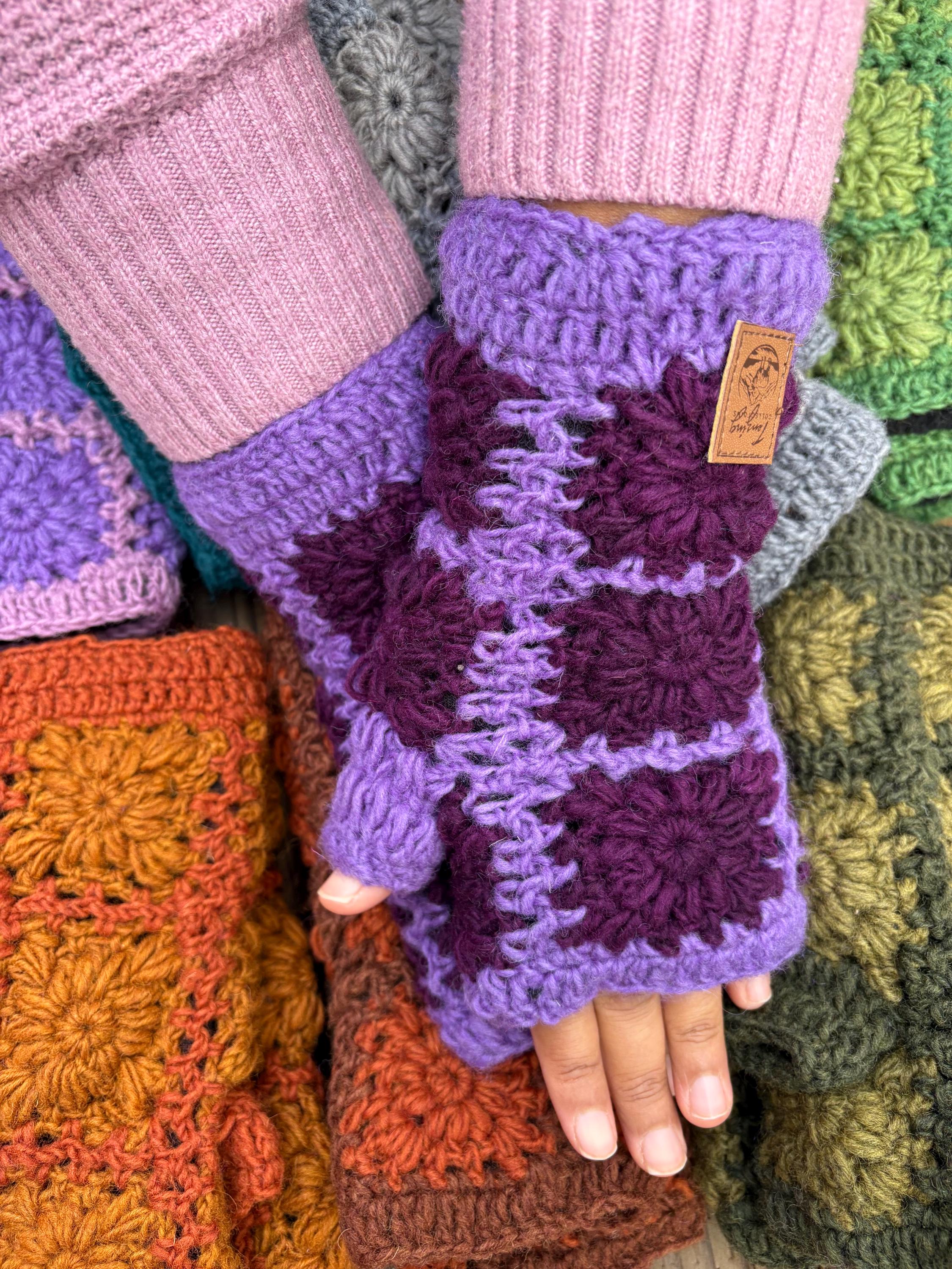 Handmade Wool Fingerless Gloves: Crochet Knit Fleece Lined Wrist Warmers