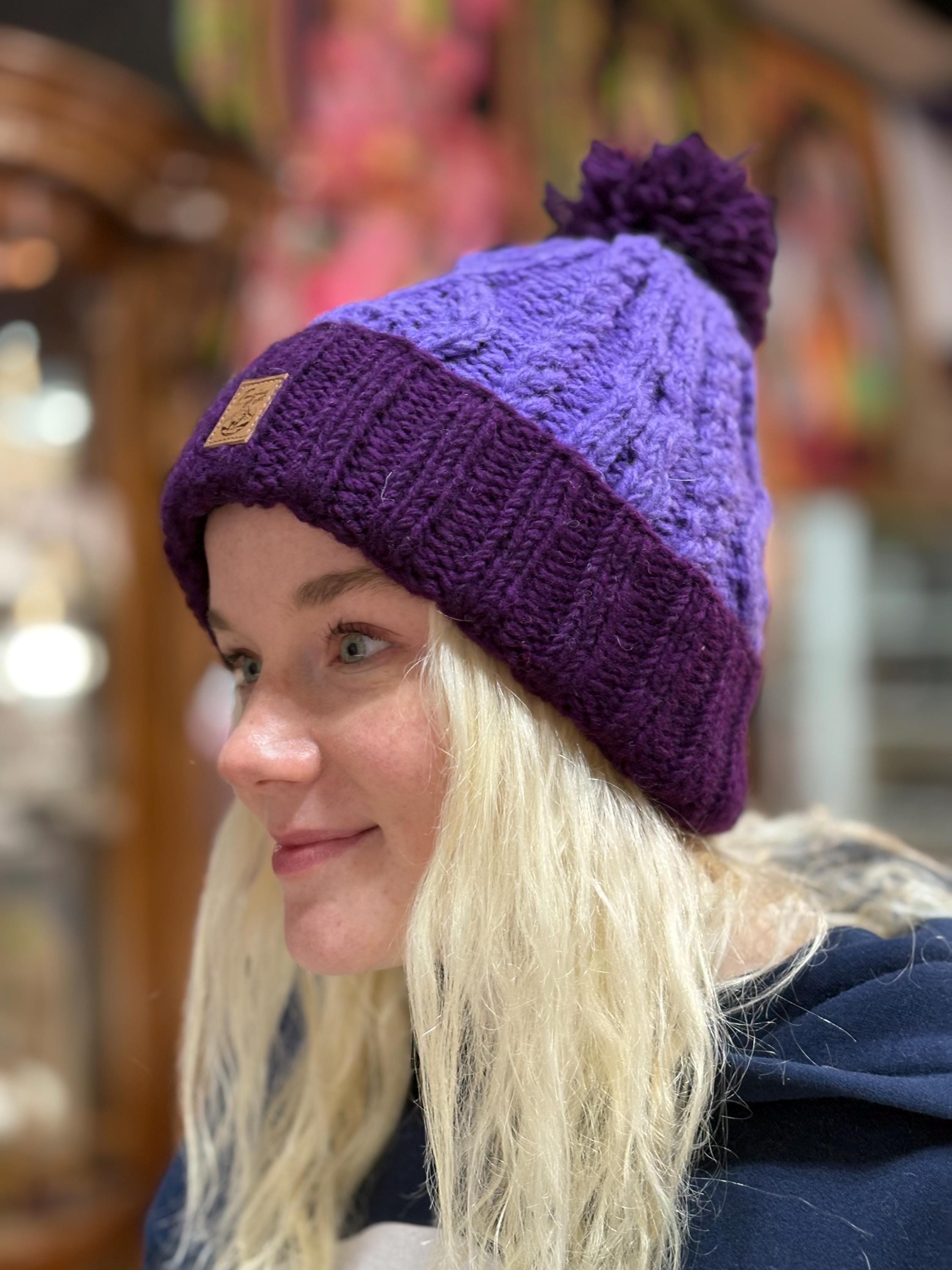 Hand-Knitted Wool Pompom Beanie: Fair Trade Fleece-Lined Winter Hat