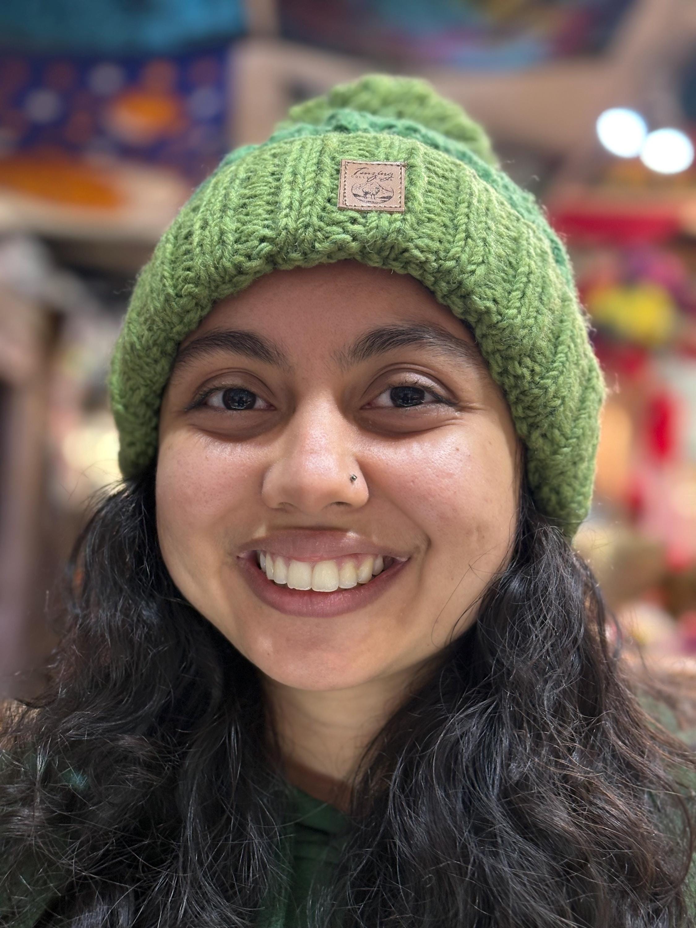 Hand-Knitted Wool Pompom Beanie: Fair Trade Fleece-Lined Winter Hat