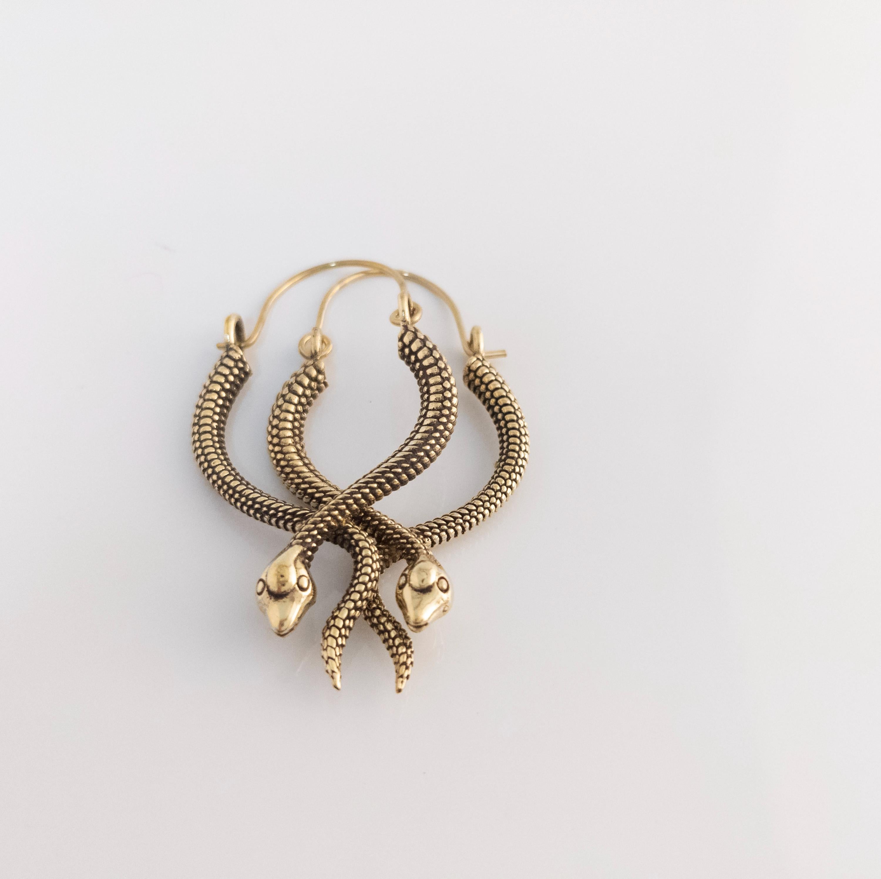 Boho Brass Snake Hoop Earrings, Statement Jewelry