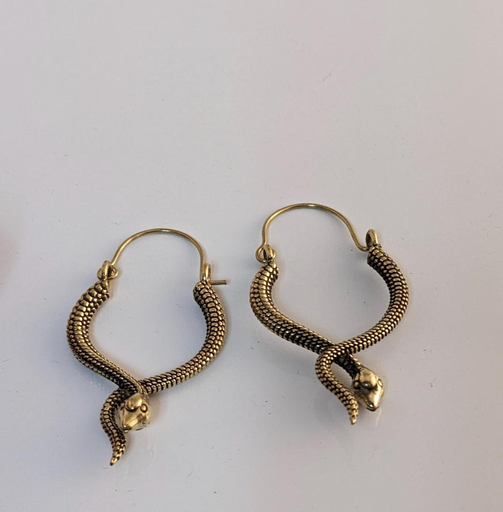 Boho Brass Snake Hoop Earrings, Statement Jewelry