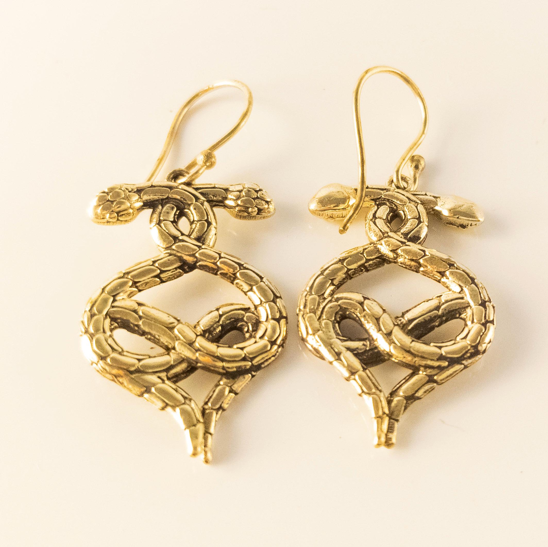 Bohemian Brass Snake Earrings, Handmade Statement Jewelry