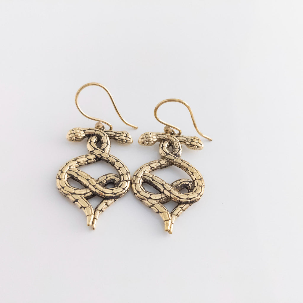 Bohemian Brass Snake Earrings, Handmade Statement Jewelry