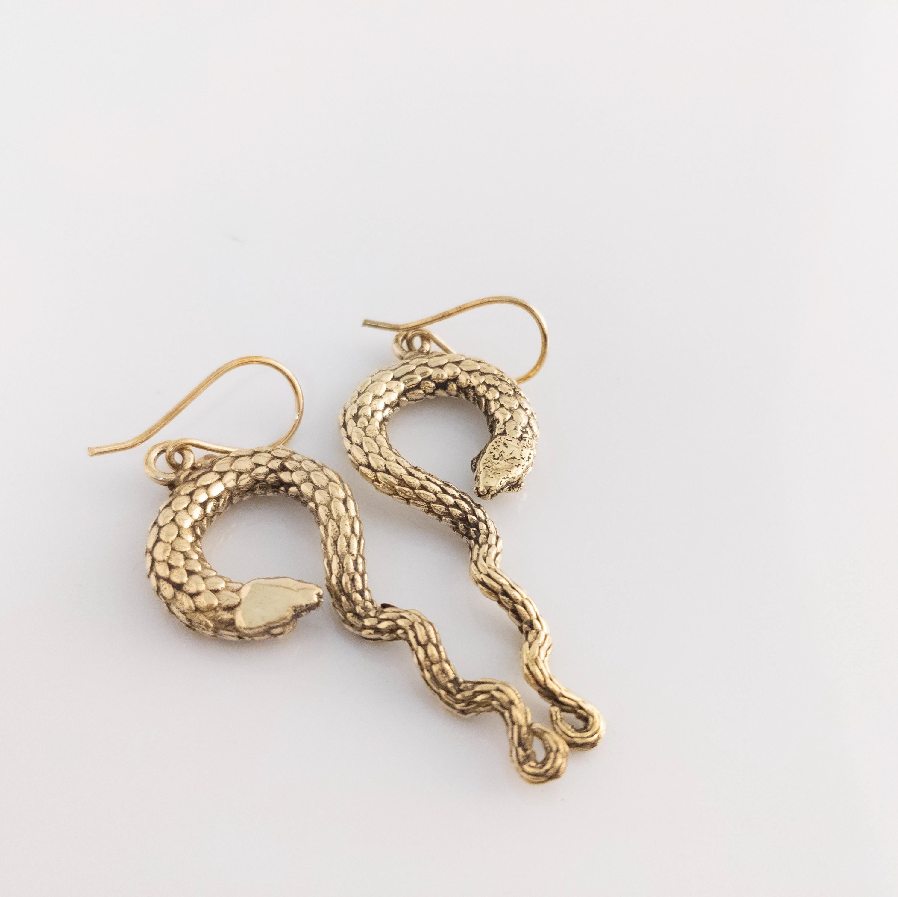 Brass Snake Earrings - Bohemian Fringe Statement Earrings