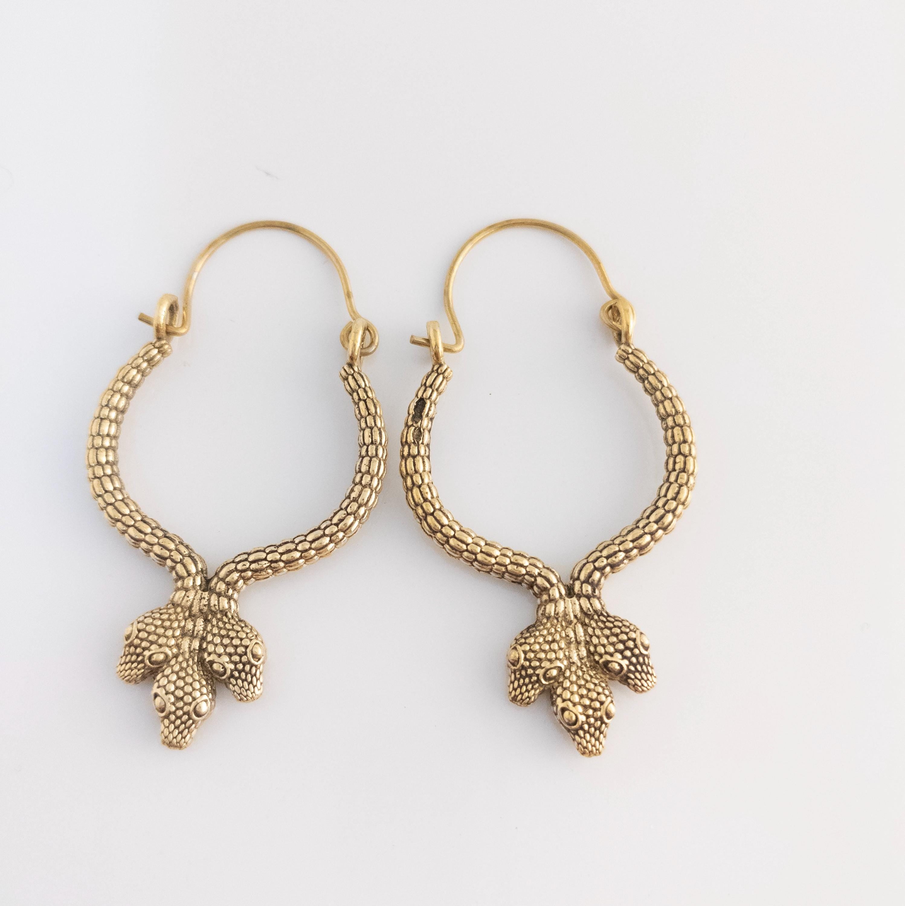 Handmade Brass Snake Hoop Earrings, Bohemian Statement Jewelry