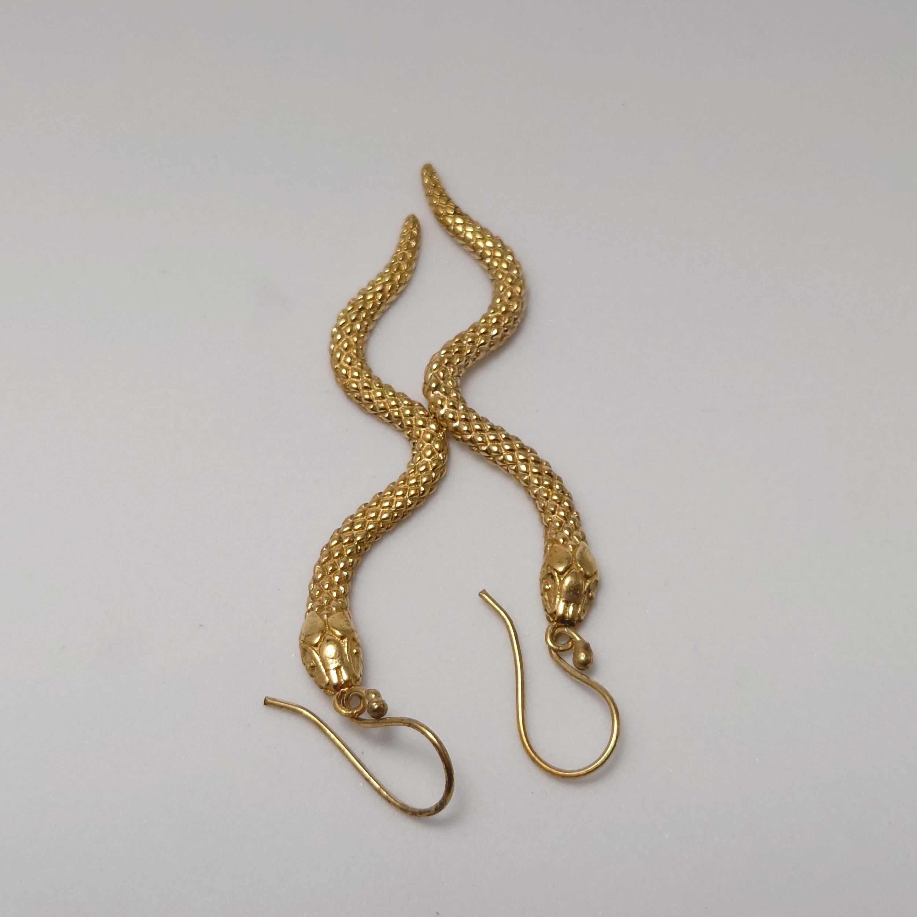 Brass Snake Dangle Earrings, Bohemian Fringe Statement Earrings