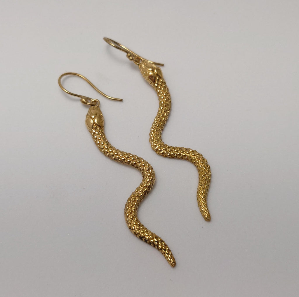 Brass Snake Dangle Earrings, Bohemian Fringe Statement Earrings