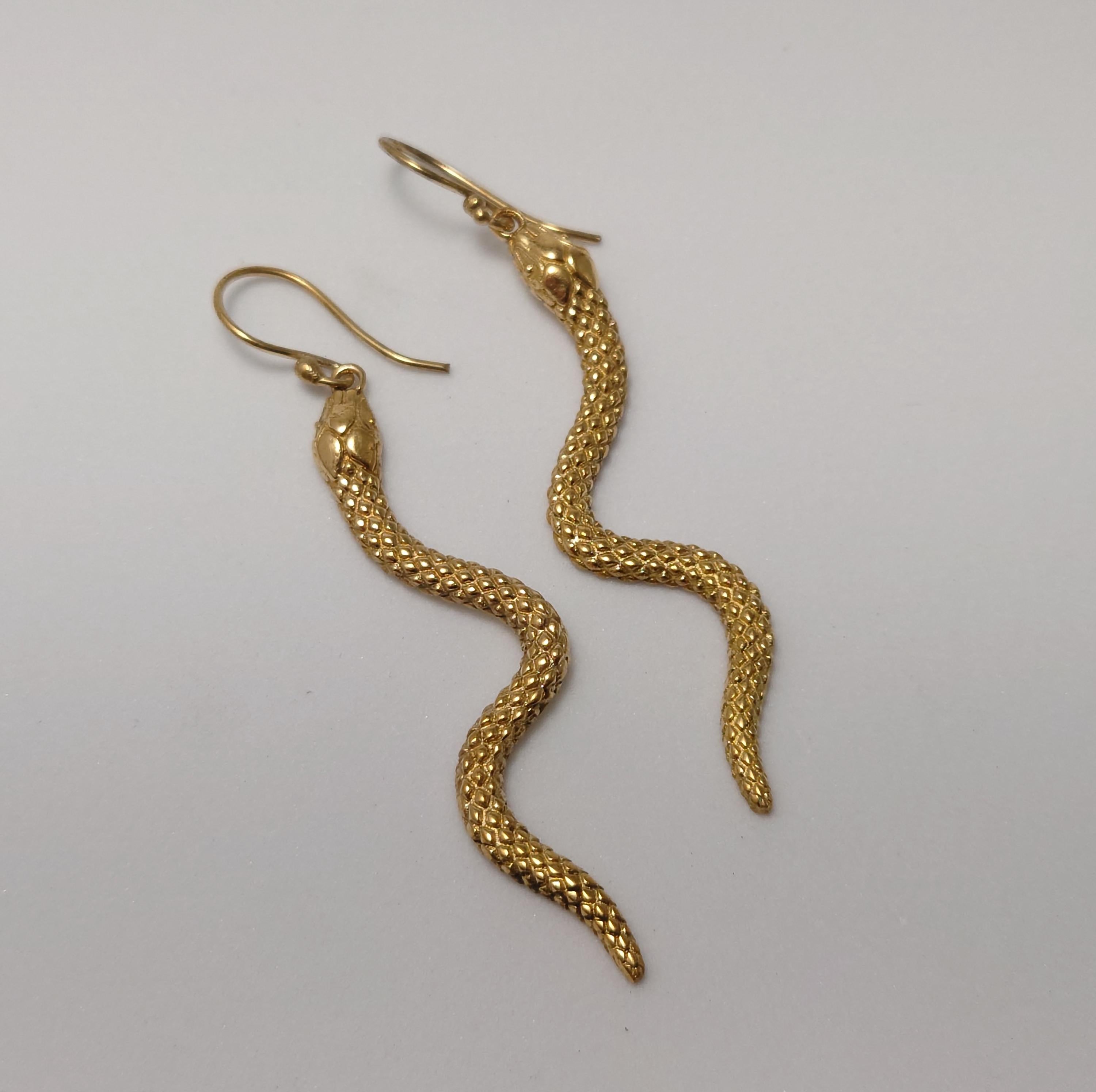 Brass Snake Dangle Earrings, Bohemian Fringe Statement Earrings