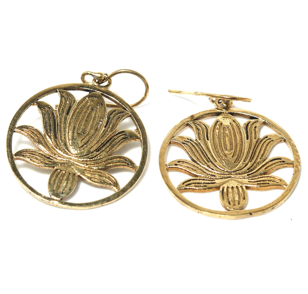 Bohemian Brass Lotus Flower Earrings, Handmade Mandala Jewelry
