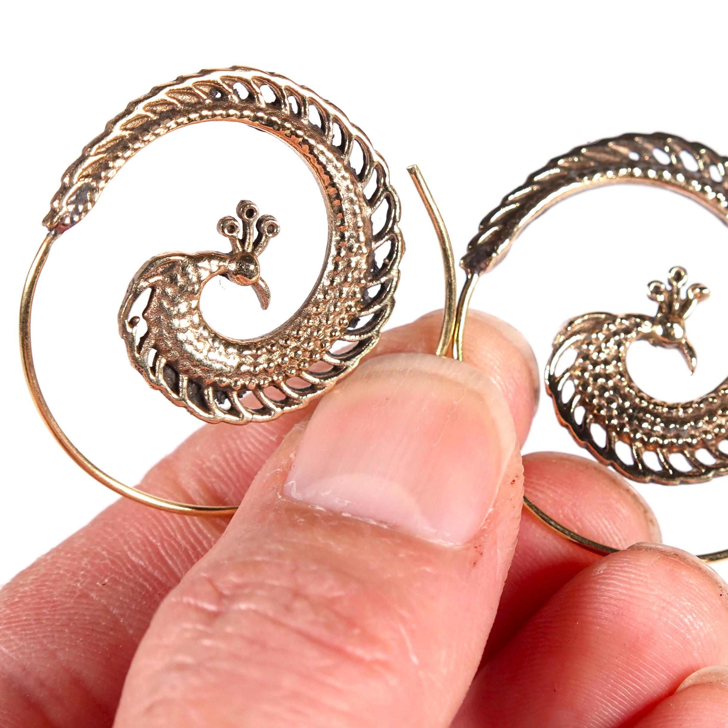 Bohemian Brass Peacock Earrings, Fringe Statement Jewelry