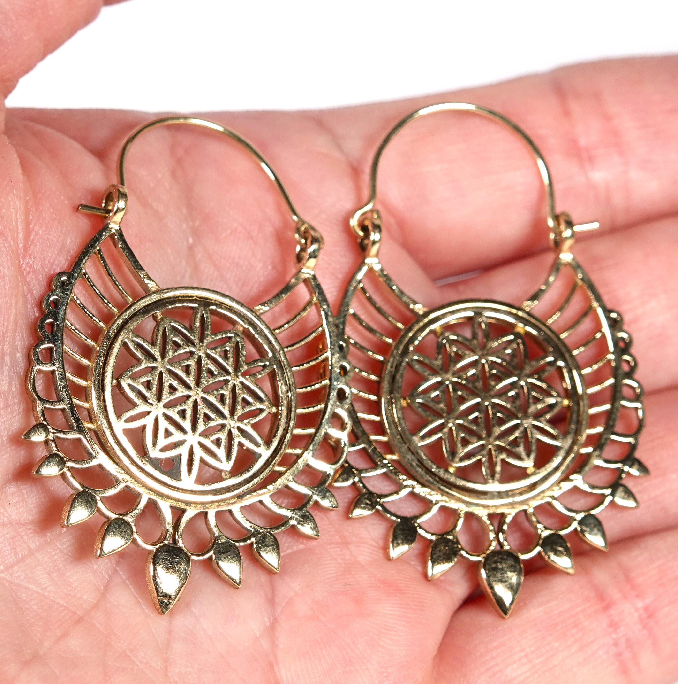 Bohemian Brass Flower of Life Earrings: Mandala Fringe Earrings