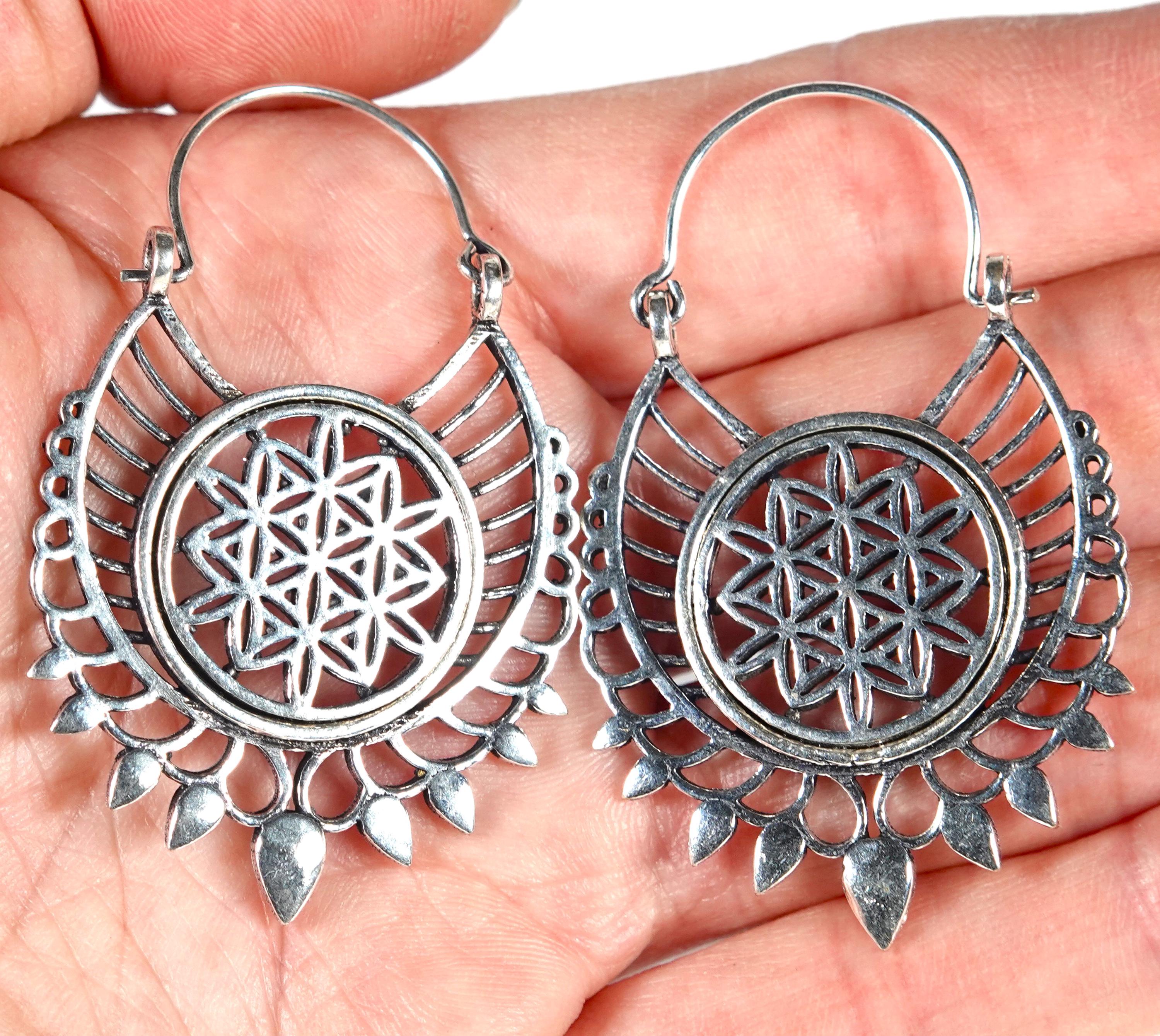 Bohemian Brass Flower of Life Earrings: Mandala Fringe Earrings