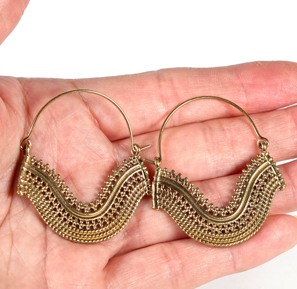 Boho Brass Hoop Earrings, Bohemian Mandala Jewelry