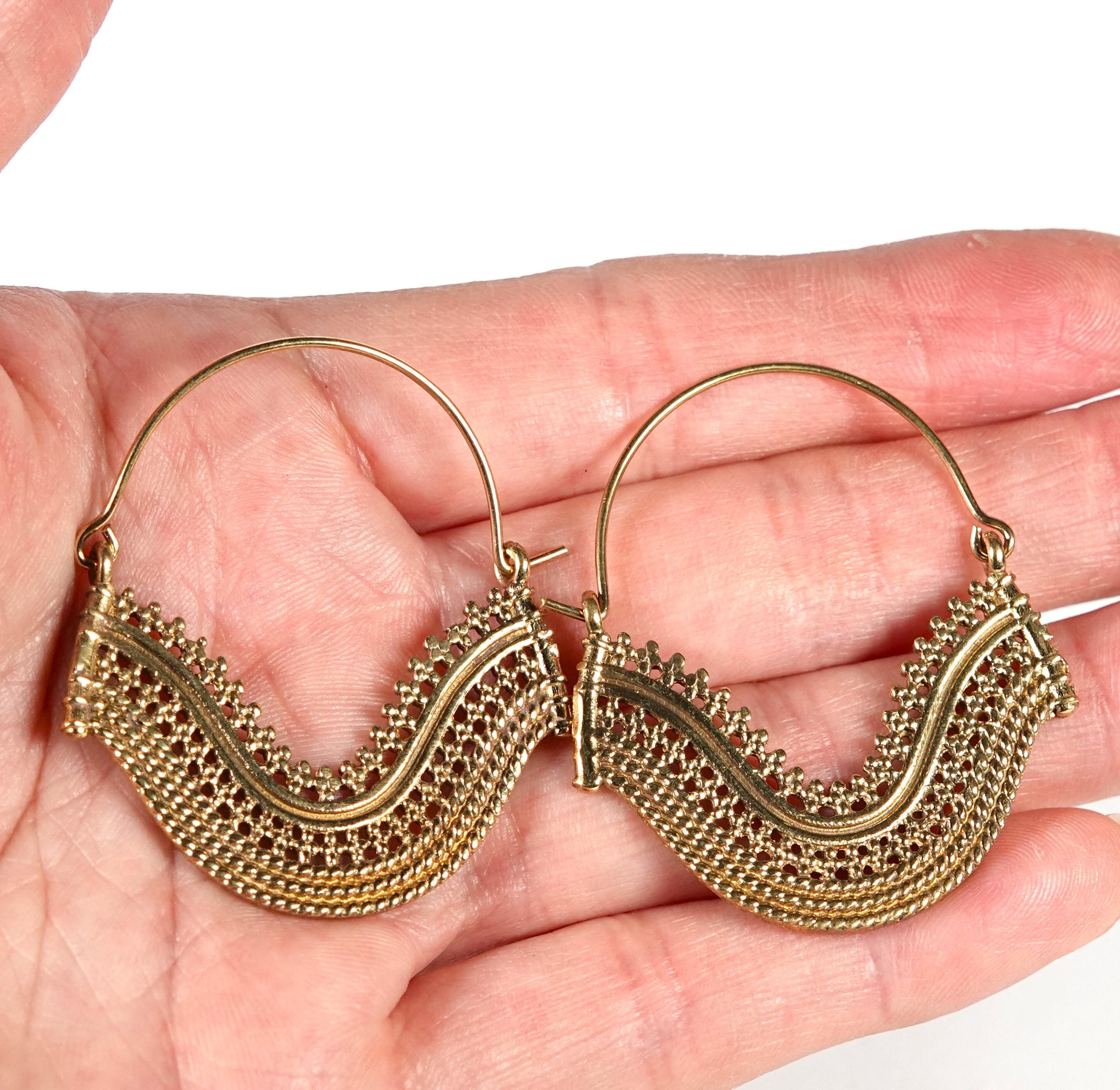 Boho Brass Hoop Earrings, Bohemian Mandala Jewelry