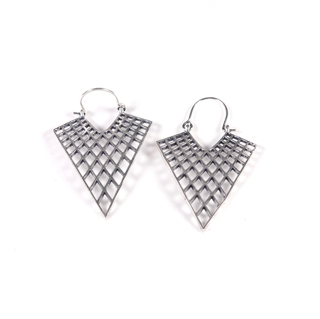 Boho Brass Statement Earrings, Geometric Grid Design