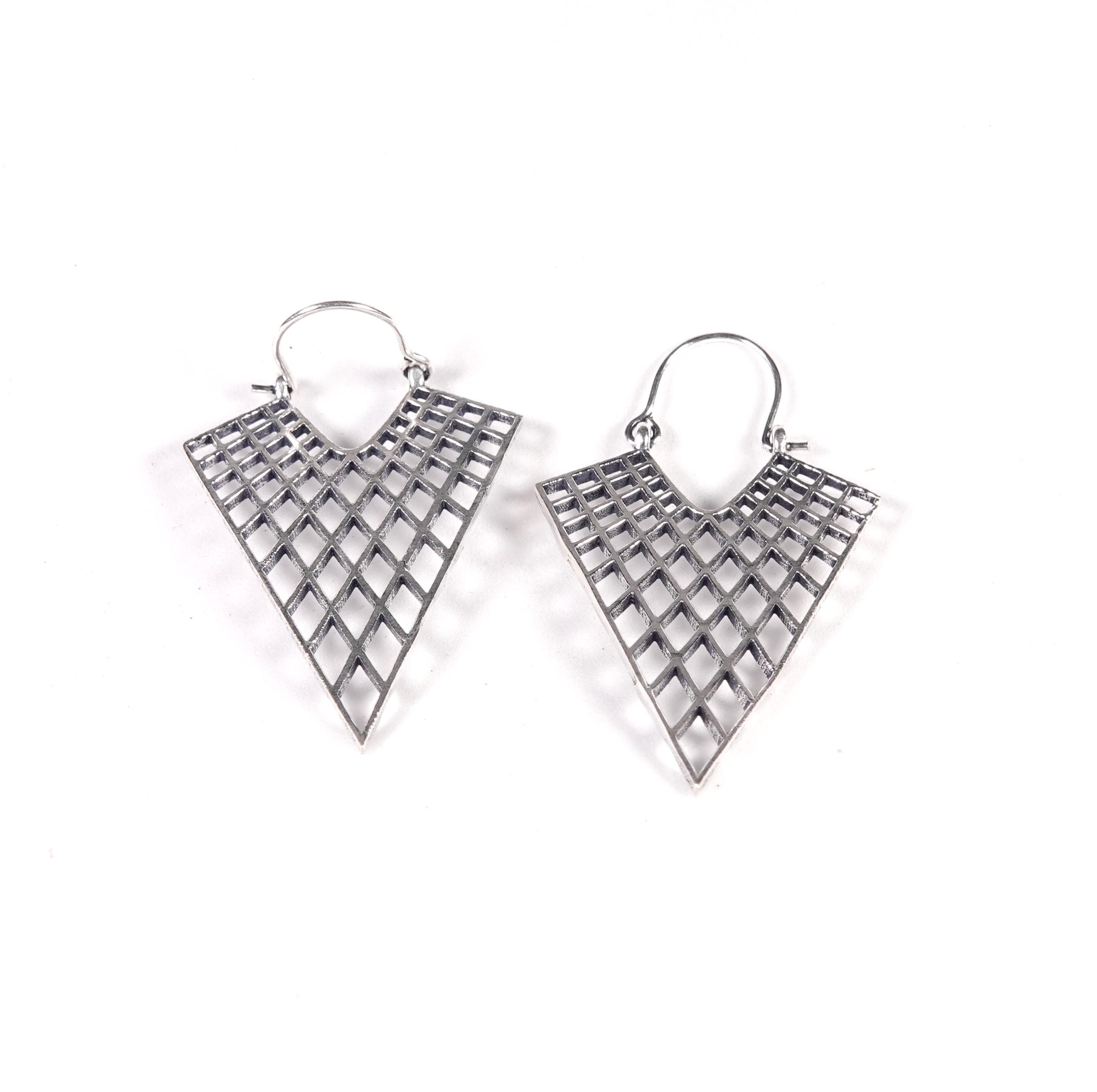 Boho Brass Statement Earrings, Geometric Grid Design
