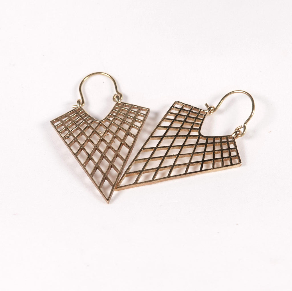 Boho Brass Statement Earrings, Geometric Grid Design