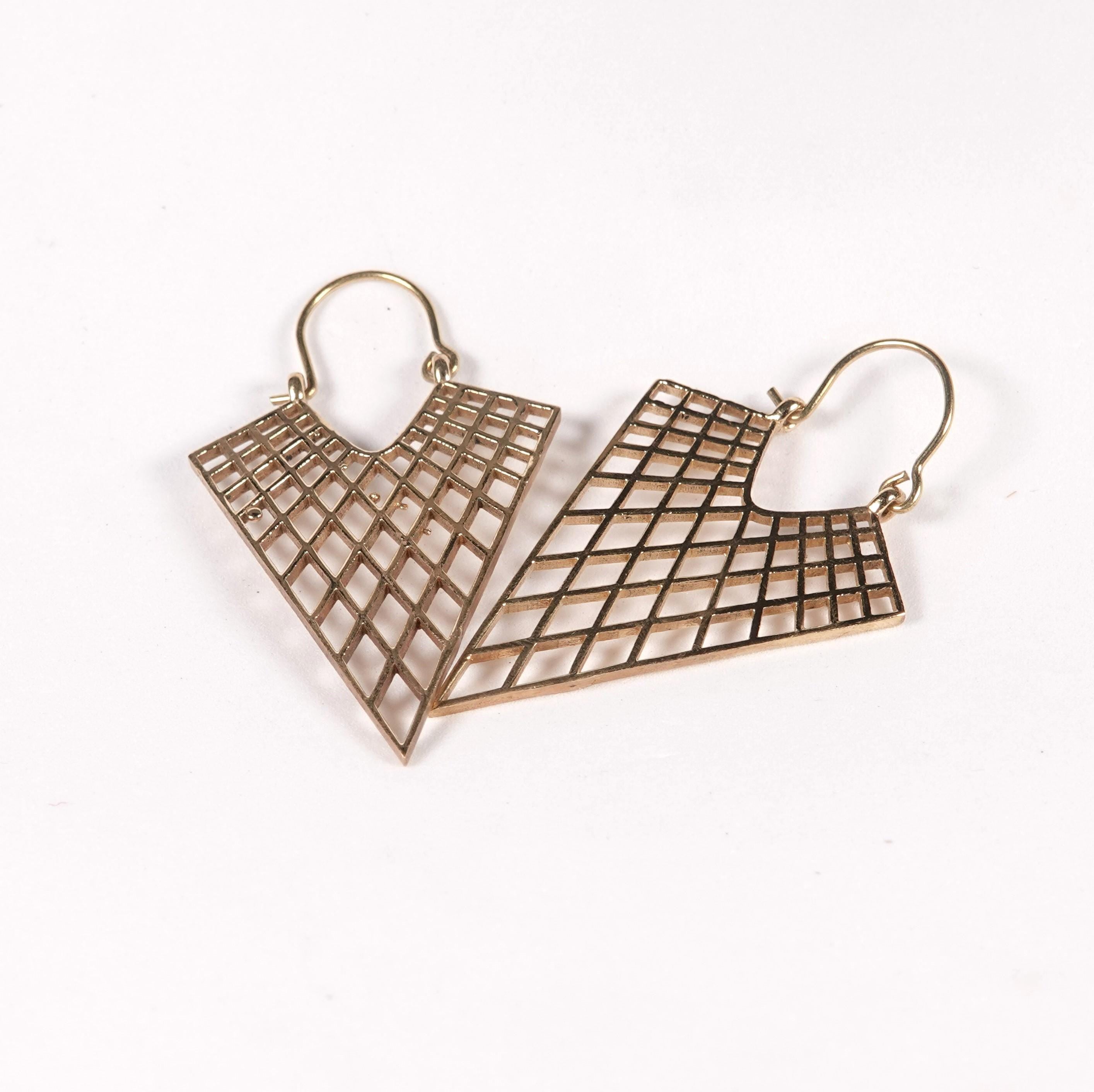 Boho Brass Statement Earrings, Geometric Grid Design