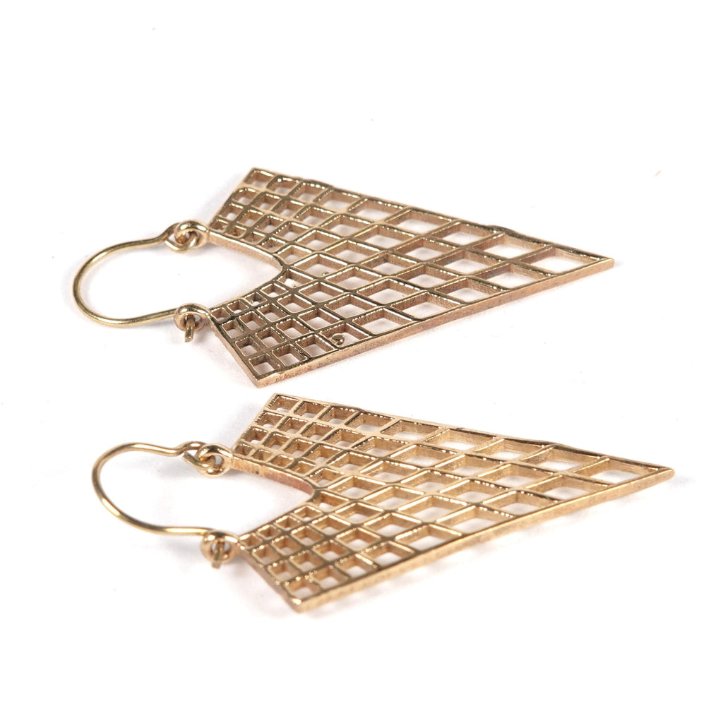 Boho Brass Statement Earrings, Geometric Grid Design