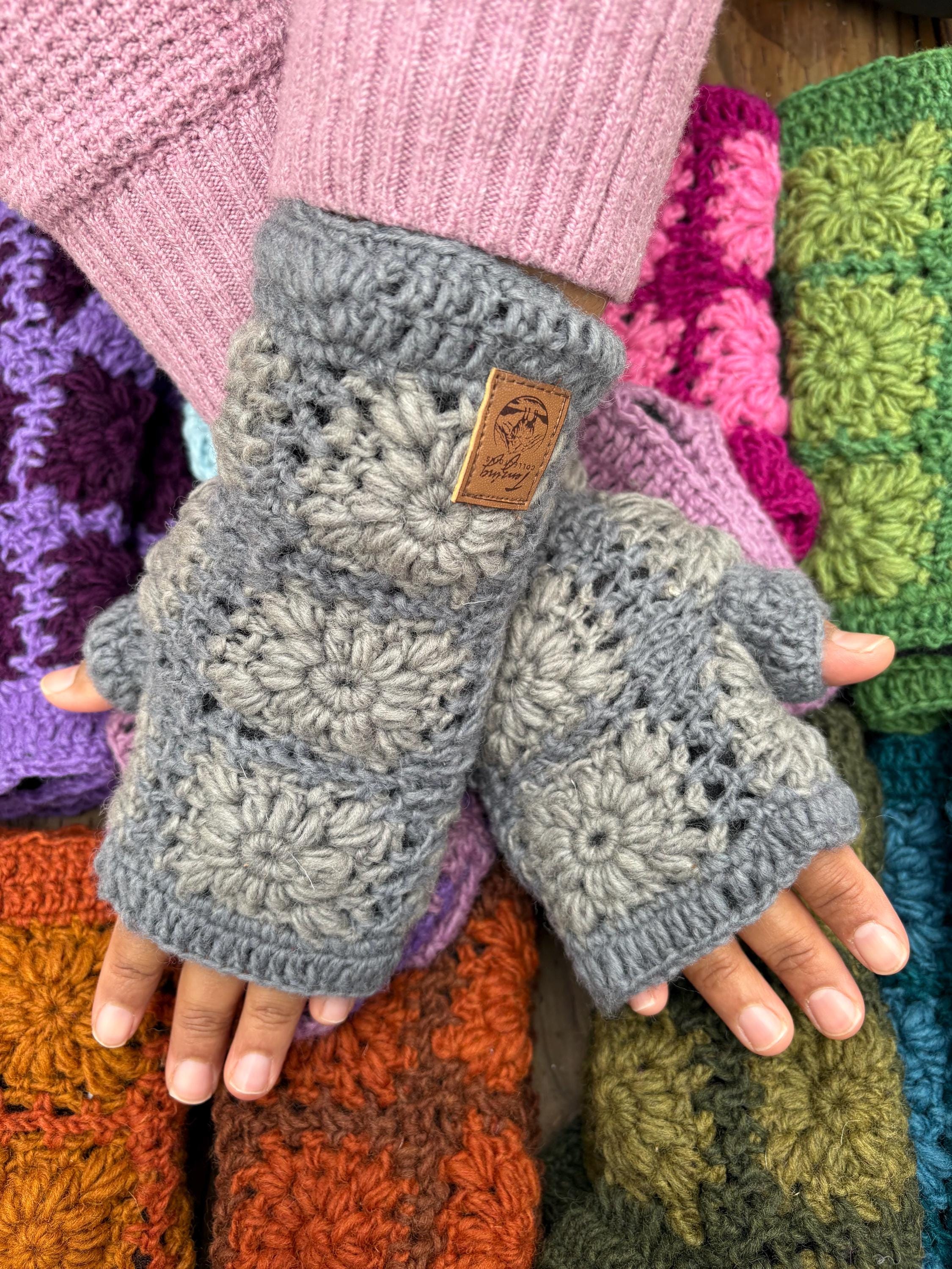 Handmade Wool Fingerless Gloves: Crochet Knit Fleece Lined Wrist Warmers