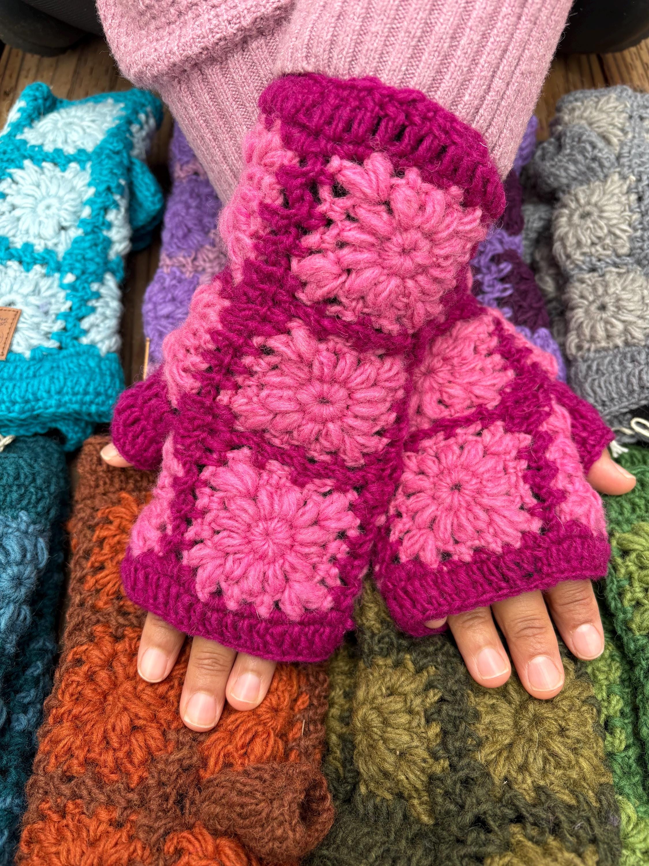 Handmade Wool Fingerless Gloves: Crochet Knit Fleece Lined Wrist Warmers