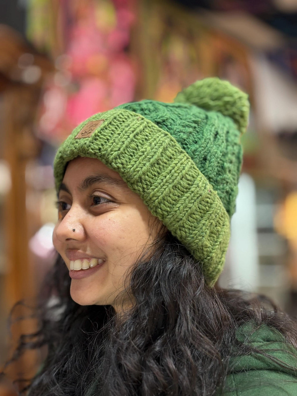 Hand-Knitted Wool Pompom Beanie: Fair Trade Fleece-Lined Winter Hat