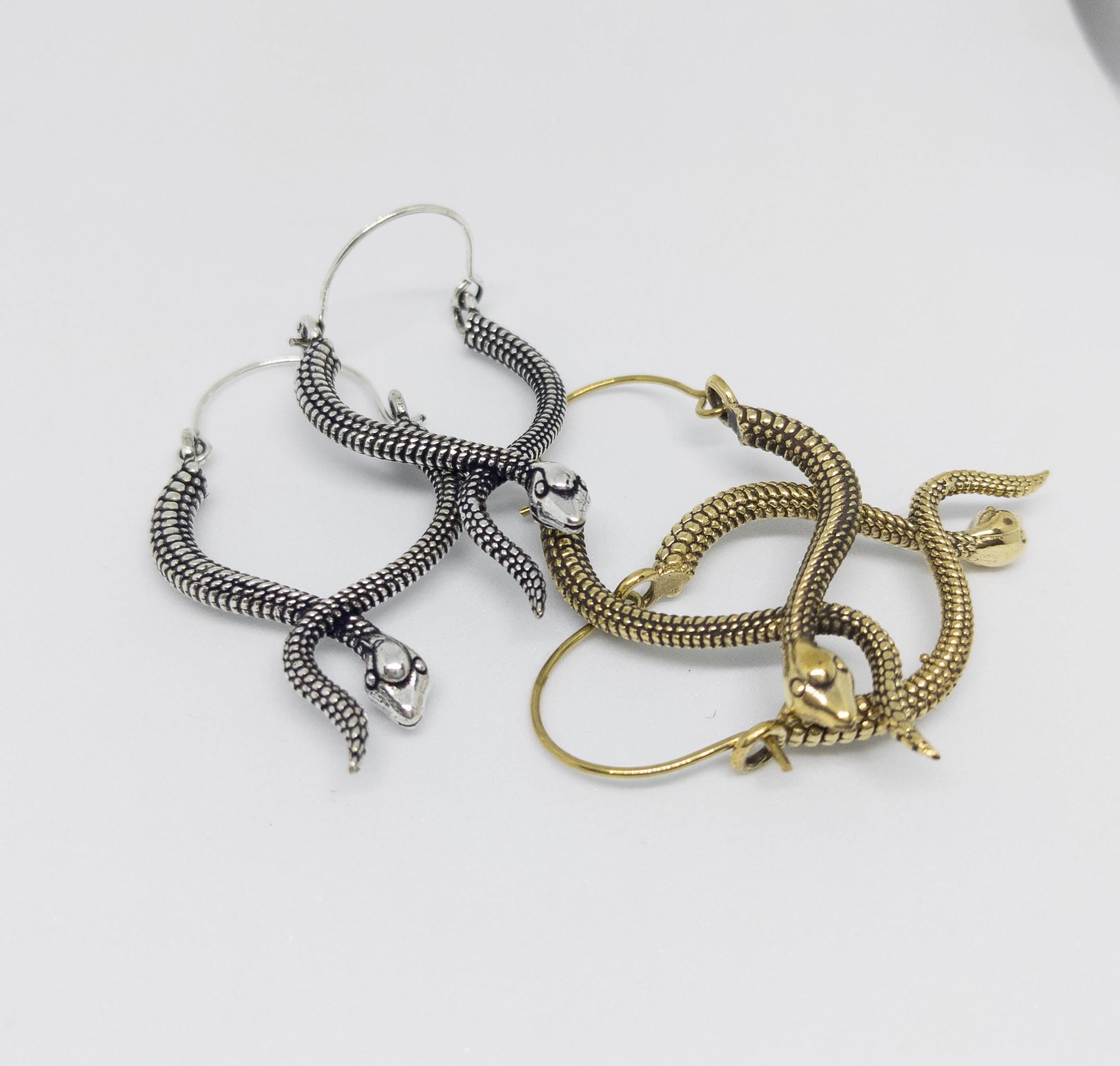 Boho Brass Snake Hoop Earrings, Statement Jewelry
