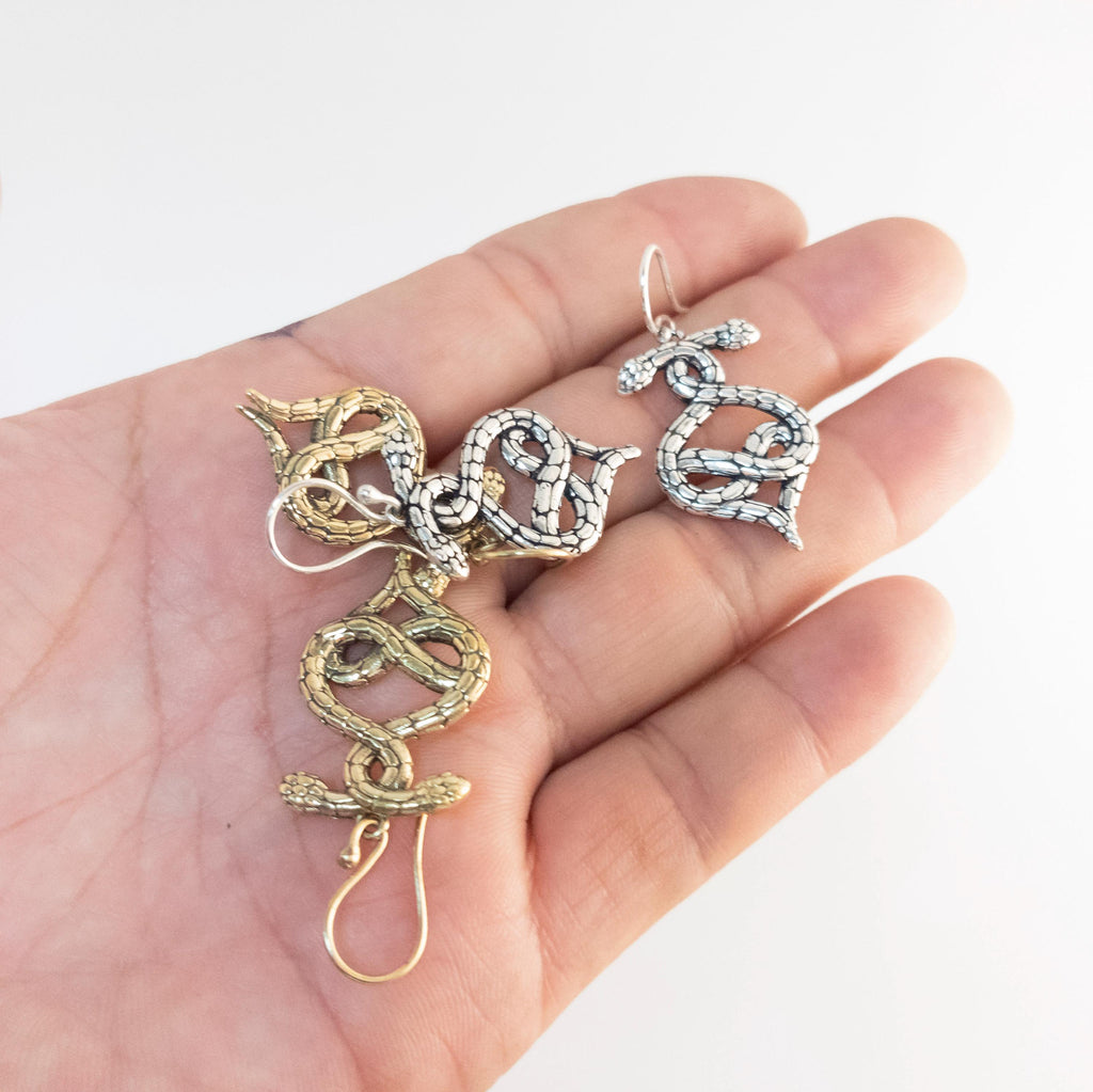 Bohemian Brass Snake Earrings, Handmade Statement Jewelry