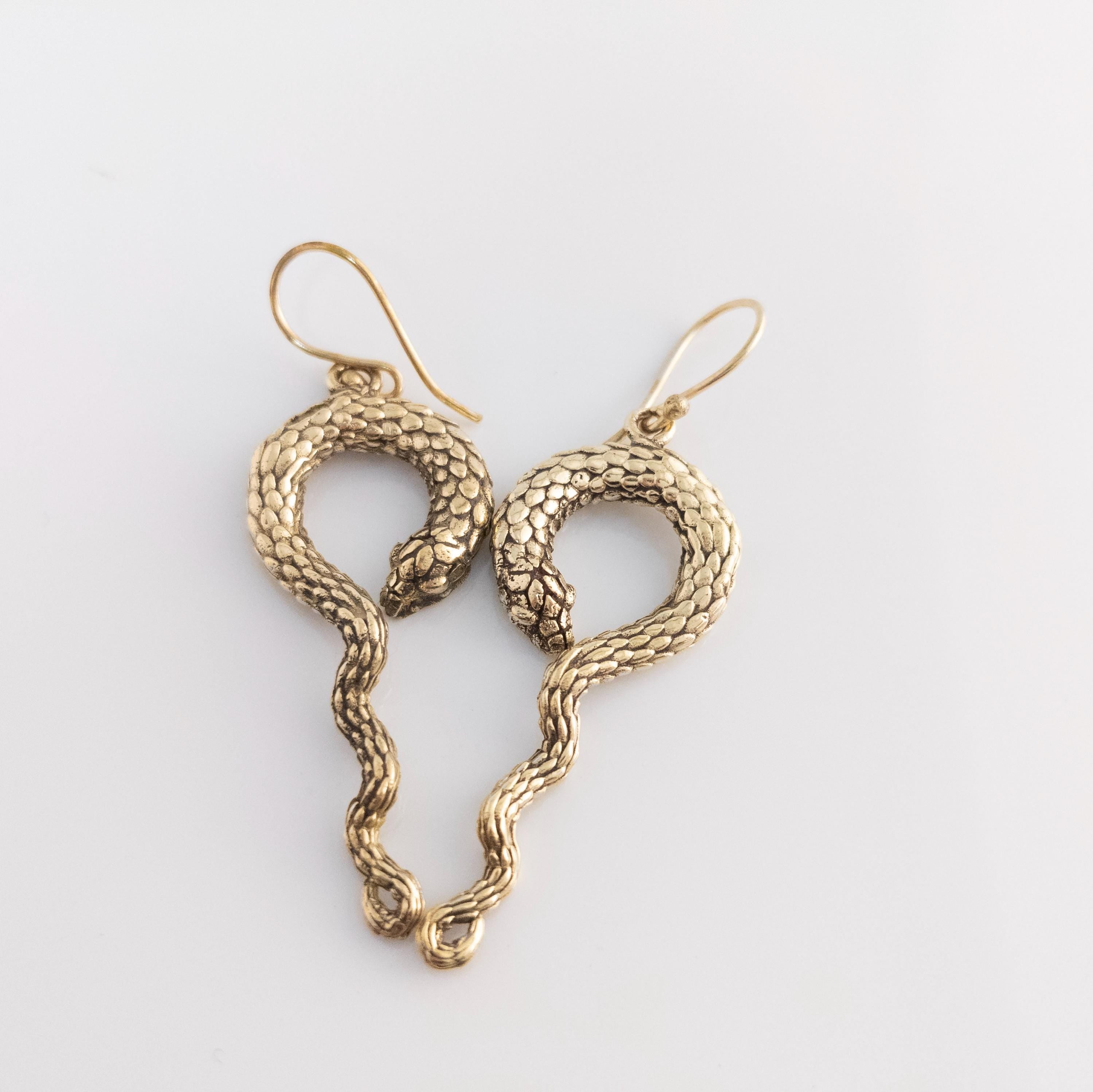 Brass Snake Earrings - Bohemian Fringe Statement Earrings